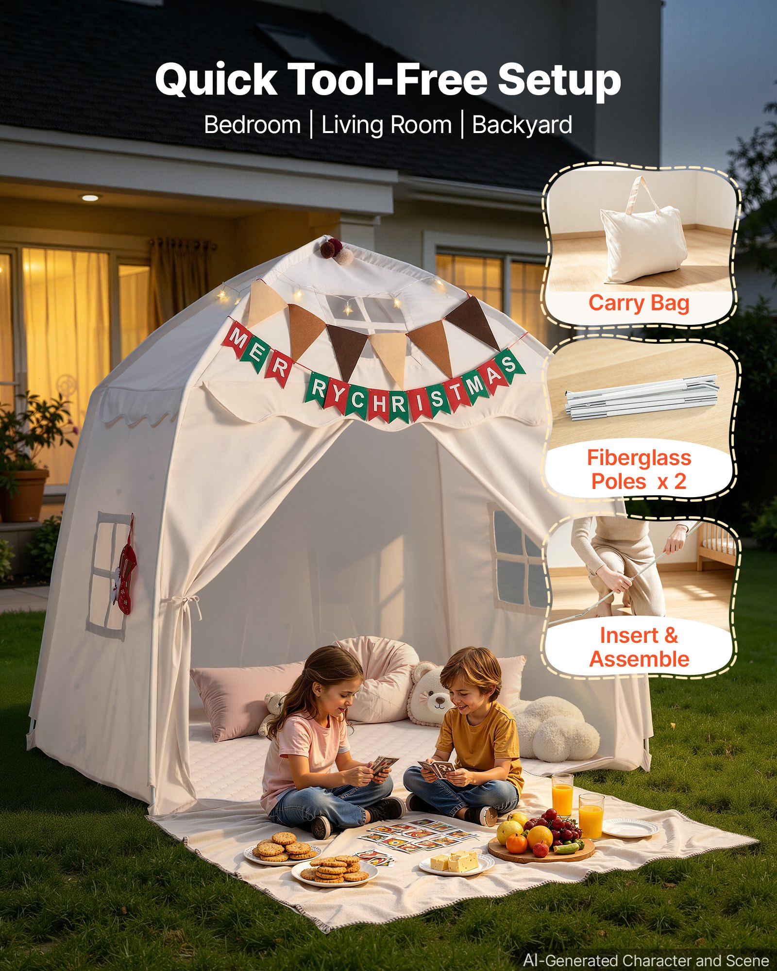 VEVOR Kids Play Tent Fiberglass Frame Playhouse for Kids Padded Mat Beige, for Toddlers Girls Boys, Indoor & Outdoor, Reading Nook Nap Bed Tent, with Stars Lights, Carry Bag, Flag, Breathable Window