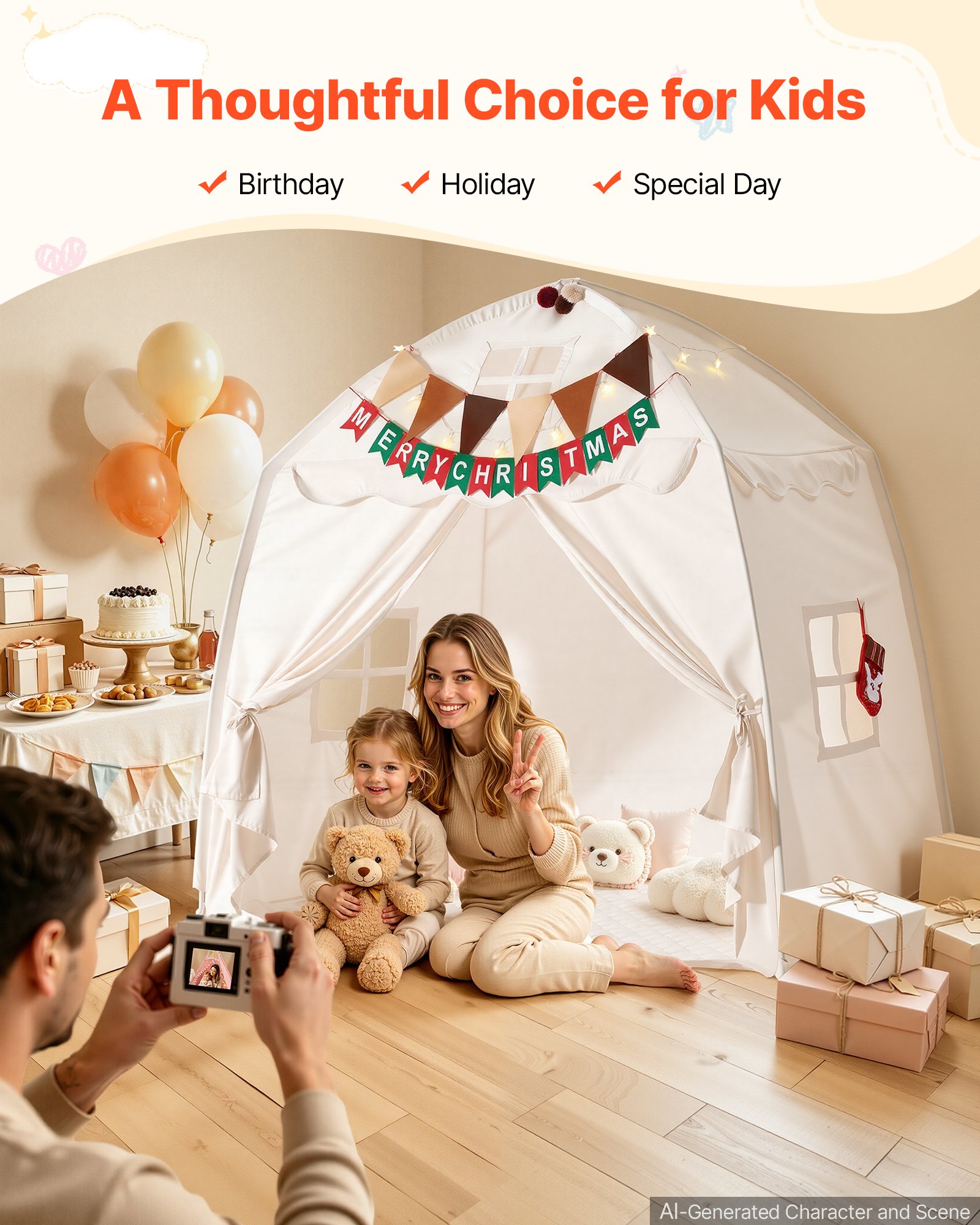 VEVOR Kids Play Tent Fiberglass Frame Playhouse for Kids Padded Mat Beige, for Toddlers Girls Boys, Indoor & Outdoor, Reading Nook Nap Bed Tent, with Stars Lights, Carry Bag, Flag, Breathable Window