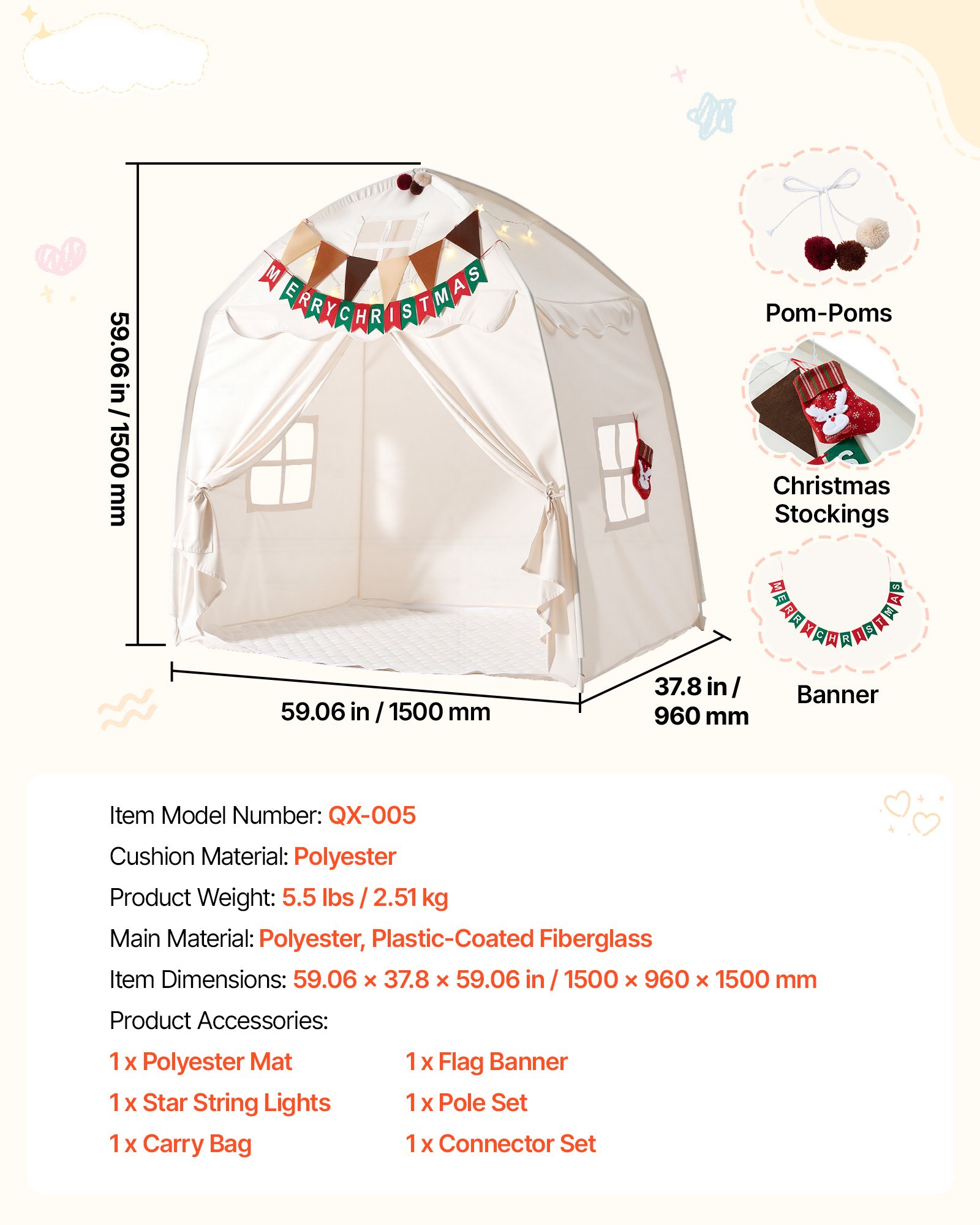 VEVOR Kids Play Tent Fiberglass Frame Playhouse for Kids Padded Mat Beige, for Toddlers Girls Boys, Indoor & Outdoor, Reading Nook Nap Bed Tent, with Stars Lights, Carry Bag, Flag, Breathable Window