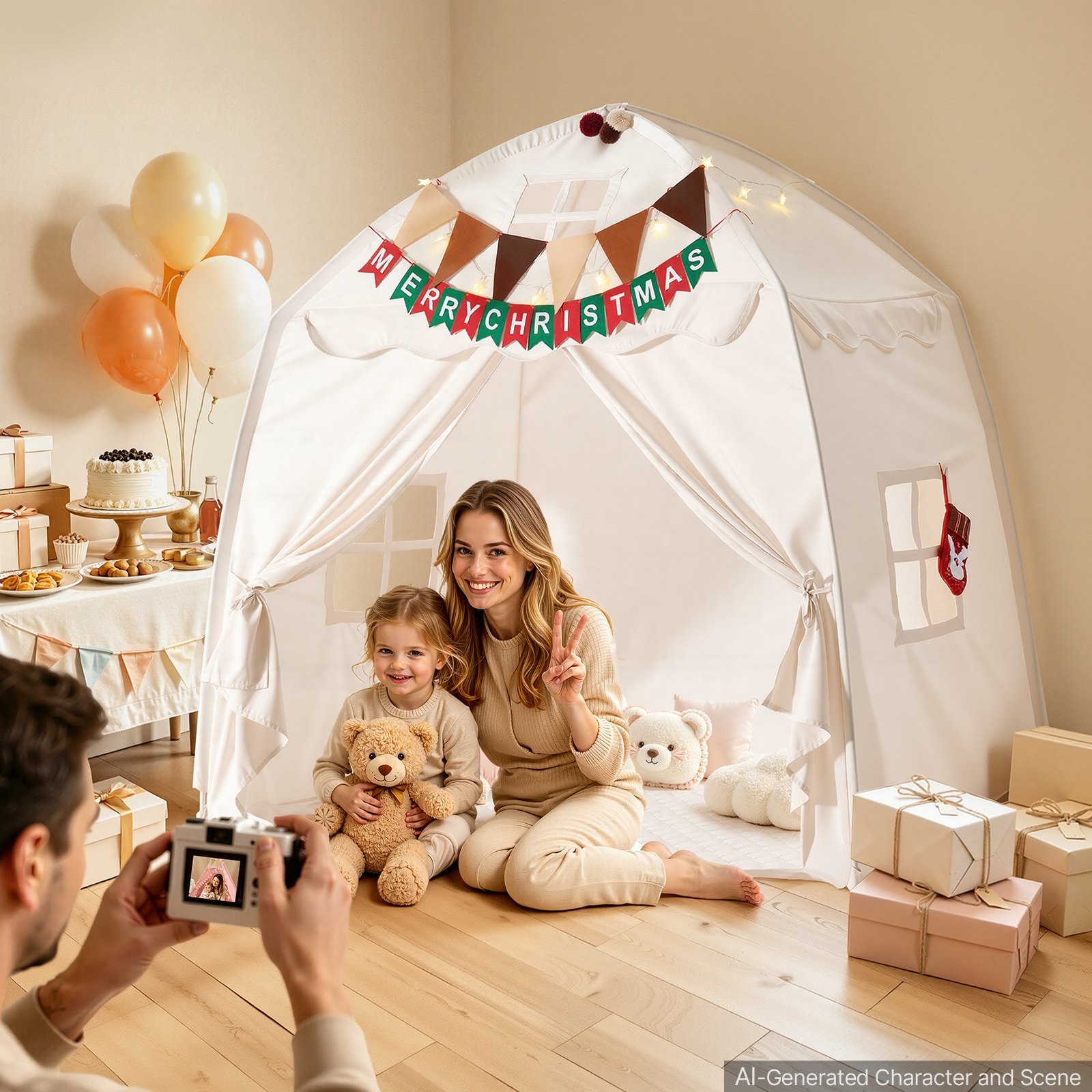 VEVOR Kids Play Tent Fiberglass Frame Playhouse for Kids Padded Mat Beige, for Toddlers Girls Boys, Indoor & Outdoor, Reading Nook Nap Bed Tent, with Stars Lights, Carry Bag, Flag, Breathable Window