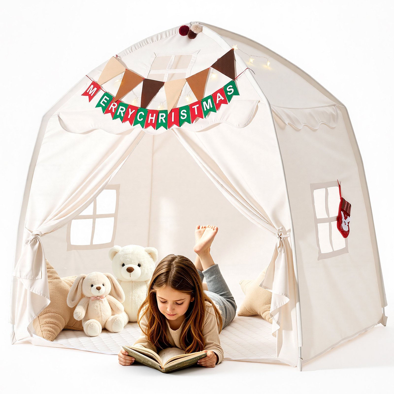 VEVOR Kids Play Tent Fiberglass Frame Playhouse for Kids Padded Mat Beige, for Toddlers Girls Boys, Indoor & Outdoor, Reading Nook Nap Bed Tent, with Stars Lights, Carry Bag, Flag, Breathable Window