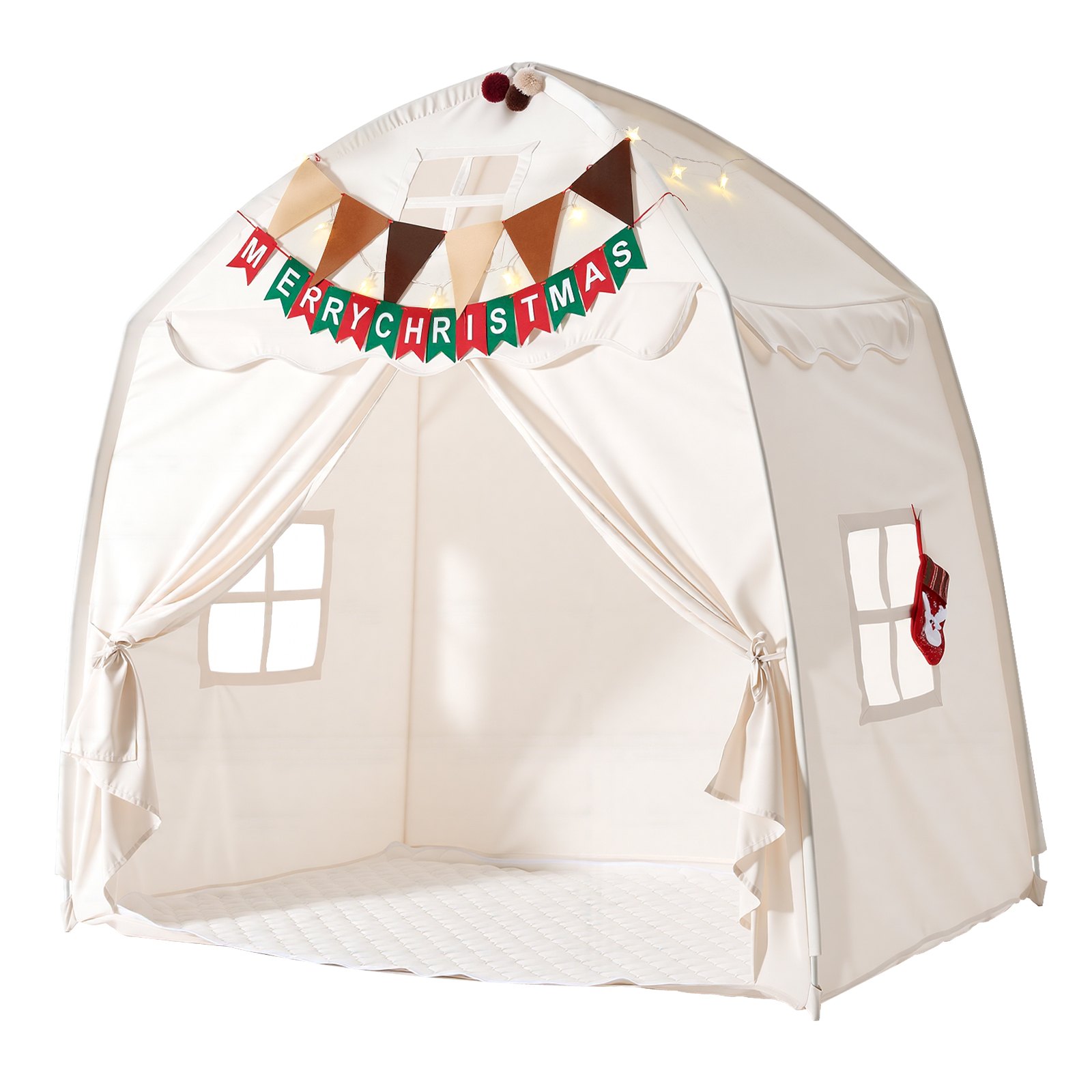 VEVOR Kids Play Tent Fiberglass Frame Playhouse for Kids Padded Mat Beige, for Toddlers Girls Boys, Indoor & Outdoor, Reading Nook Nap Bed Tent, with Stars Lights, Carry Bag, Flag, Breathable Window