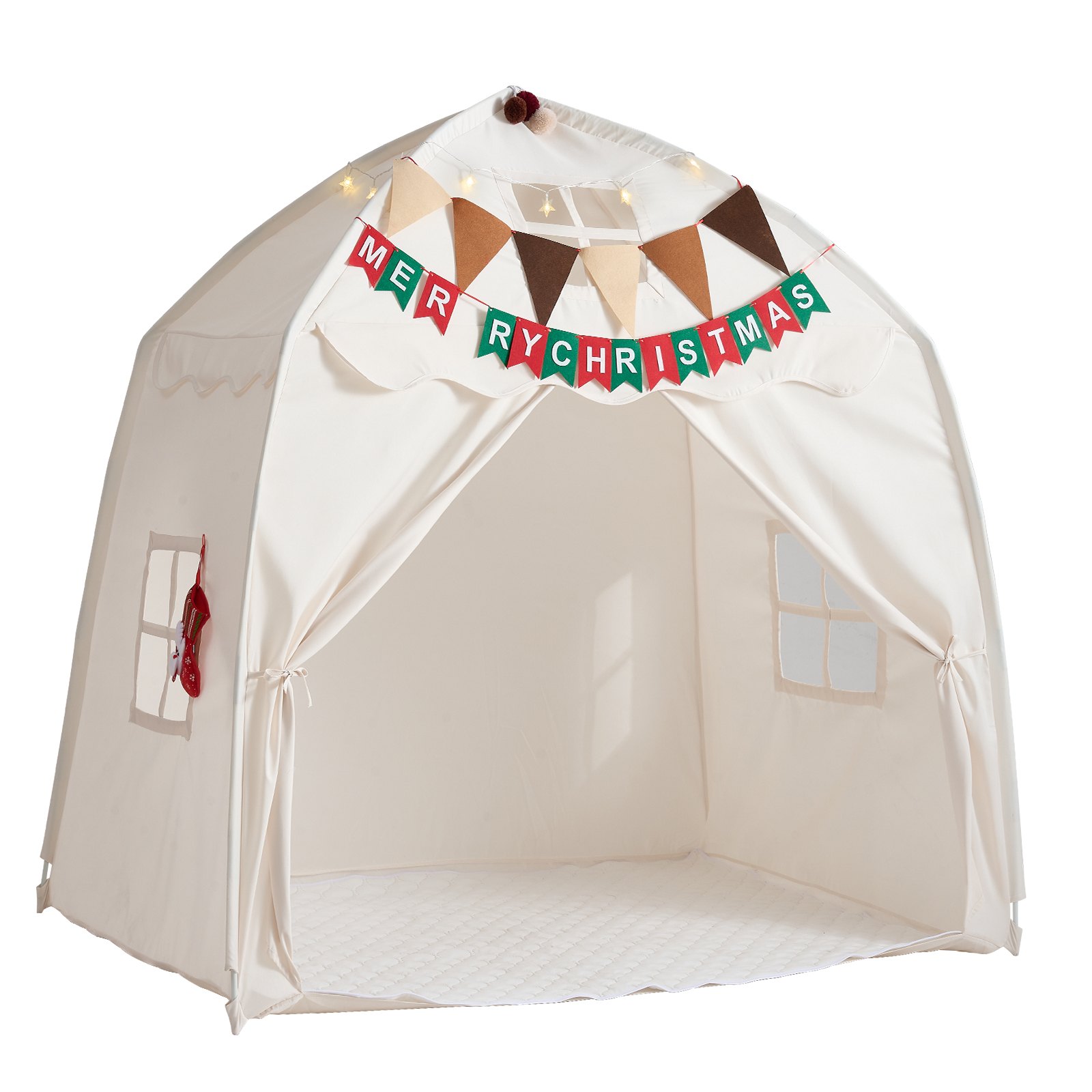 VEVOR Kids Play Tent Fiberglass Frame Playhouse for Kids Padded Mat Beige, for Toddlers Girls Boys, Indoor & Outdoor, Reading Nook Nap Bed Tent, with Stars Lights, Carry Bag, Flag, Breathable Window