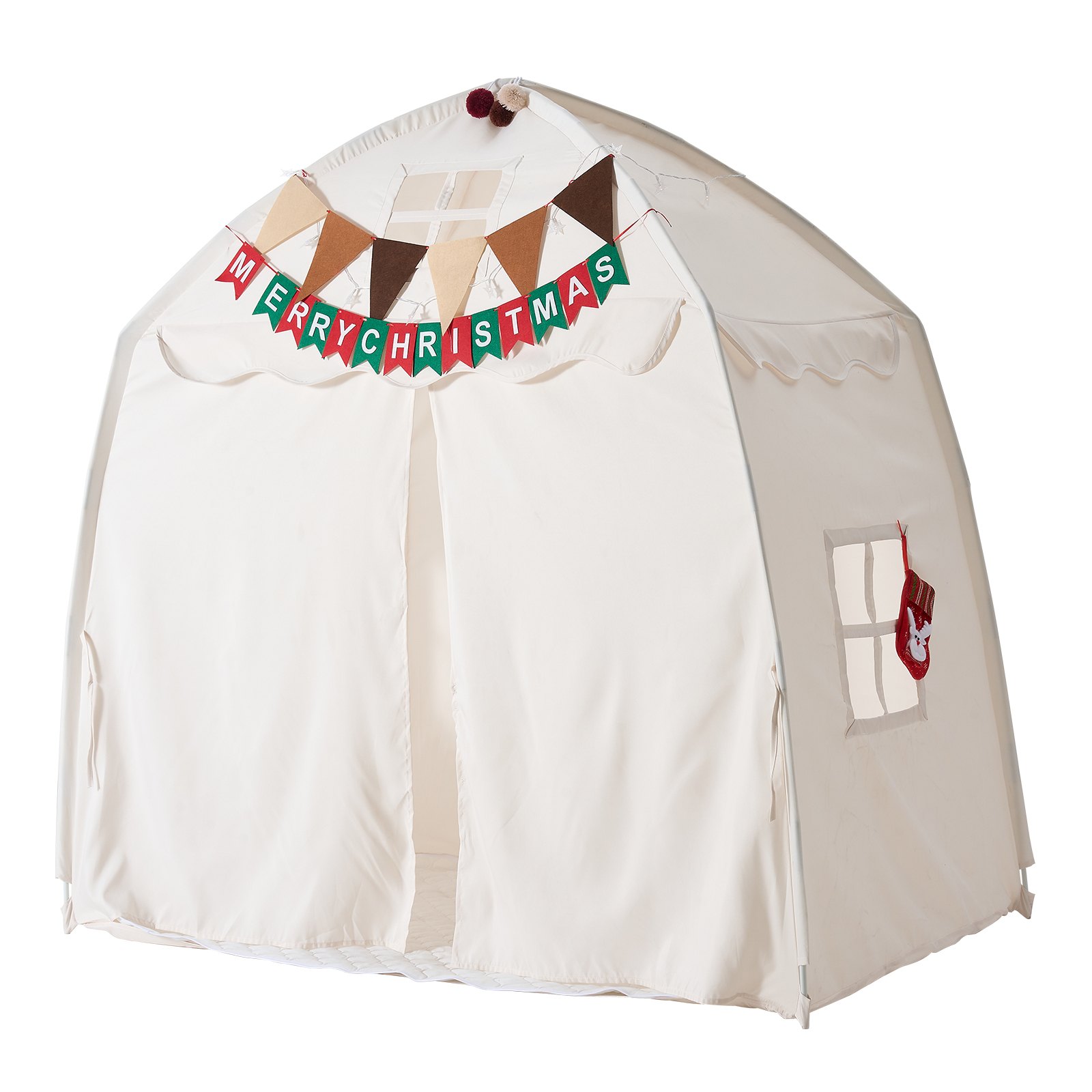 VEVOR Kids Play Tent Fiberglass Frame Playhouse for Kids Padded Mat Beige, for Toddlers Girls Boys, Indoor & Outdoor, Reading Nook Nap Bed Tent, with Stars Lights, Carry Bag, Flag, Breathable Window