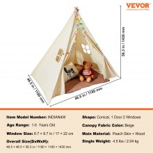 VEVOR Kids Play Tent, Teepee Tent for Kids 1-5 Years Old, Toddler Tent with Mat and Plush Decorative Balls, Tent for Kids with Windows for Indoor and Outdoor, for Boys and Girls, Beige