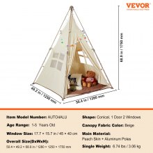 VEVOR Kids Play Tent, Teepee Tent for Kids 1-5 Years Old, Tent for Kids with Windows for Indoor and Outdoor, Foldable Toddler Tent with Mat and Carrying Bag, Kids Tent for Boys and Girls, Beige