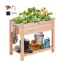 VEVOR garden bed with fresh vegetables, flowers, storage shelf, gardening tools, gloves, and watering can.