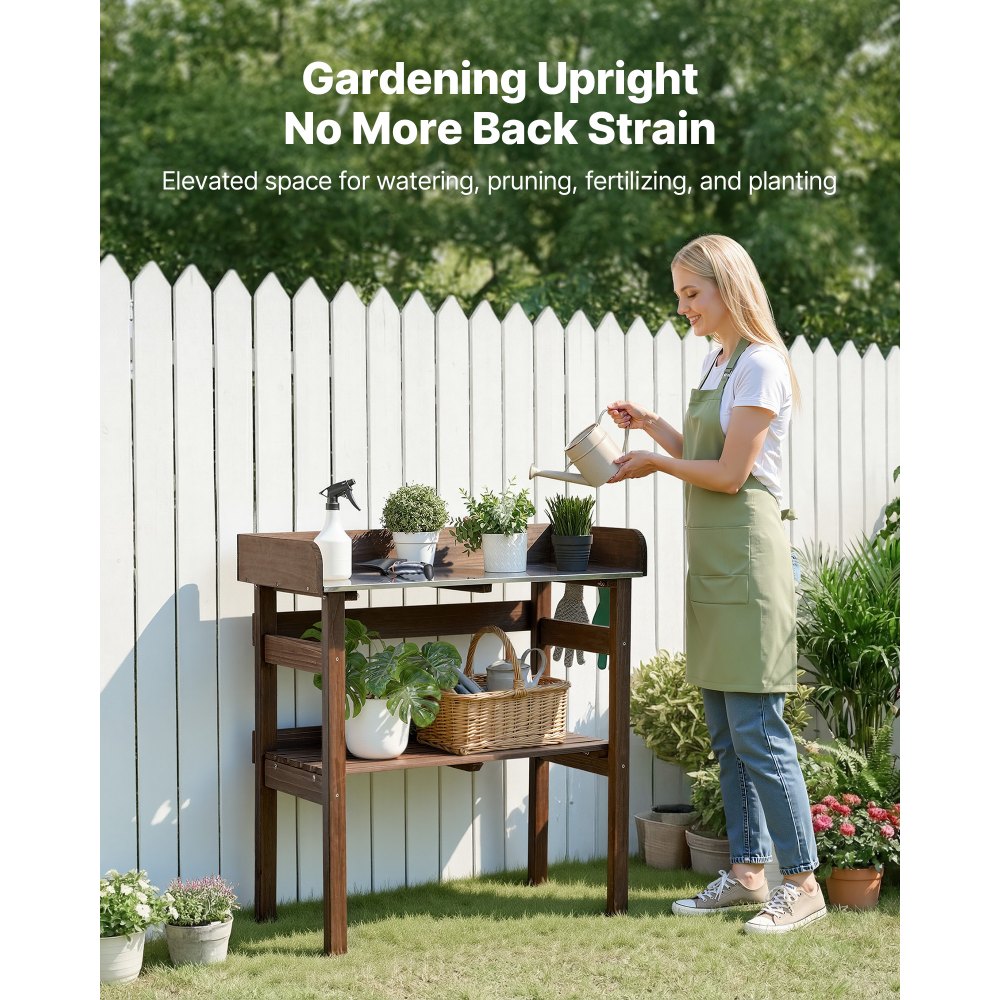 VEVOR Potting Bench Table, Outdoor Gardening Workstation with 78 x 38 x 82 cm Wood Tabletop, Storage Shelves, Hooks, Garden Planting Work Station for Outside Patio, Backyard, Balcony, Brown