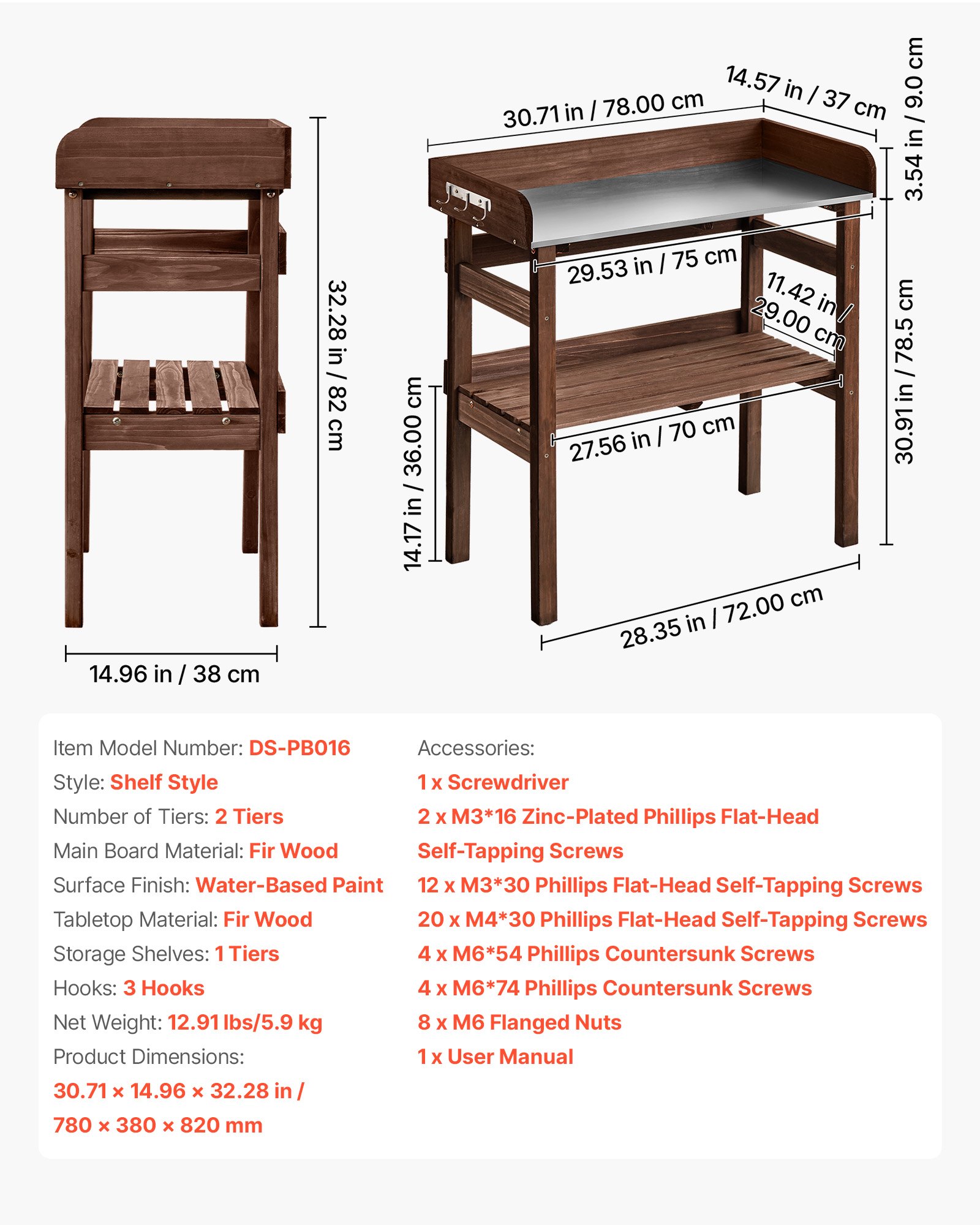 VEVOR Potting Bench Table, Outdoor Gardening Workstation with 78 x 38 x 82 cm Wood Tabletop, Storage Shelves, Hooks, Garden Planting Work Station for Outside Patio, Backyard, Balcony, Brown