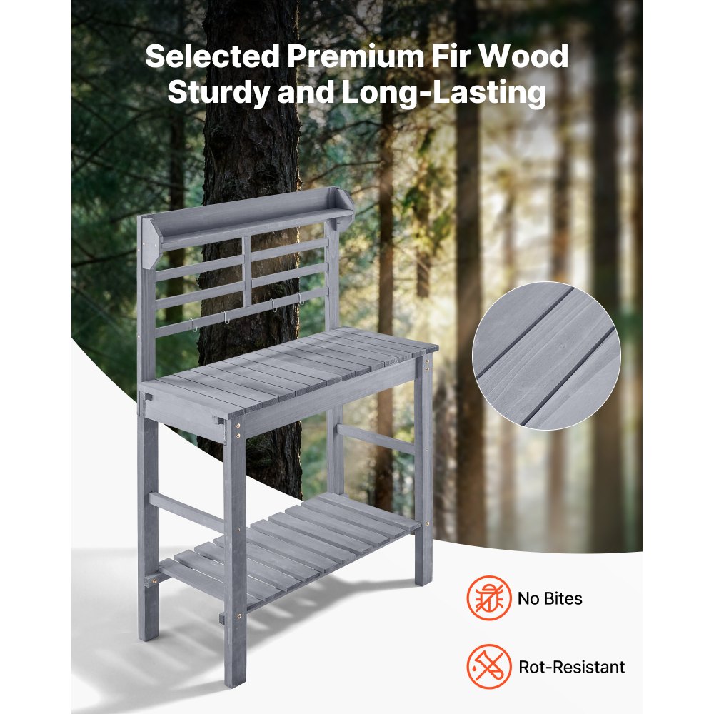 VEVOR Potting Bench Table, Outdoor Gardening Workstation with Sink, 94 x 46 x 140 cm Adjustable Wood Tabletop, Garden Work Station with Storage Shelves, Hooks for Patio, Backyard, Classic Grey