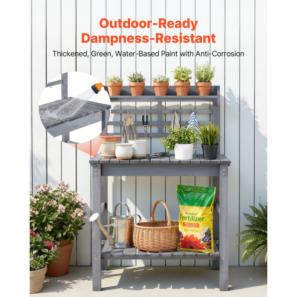 VEVOR Potting Bench Table, Outdoor Gardening Workstation with Sink, 94 x 46 x 140 cm Adjustable Wood Tabletop, Garden Work Station with Storage Shelves, Hooks for Patio, Backyard, Classic Grey