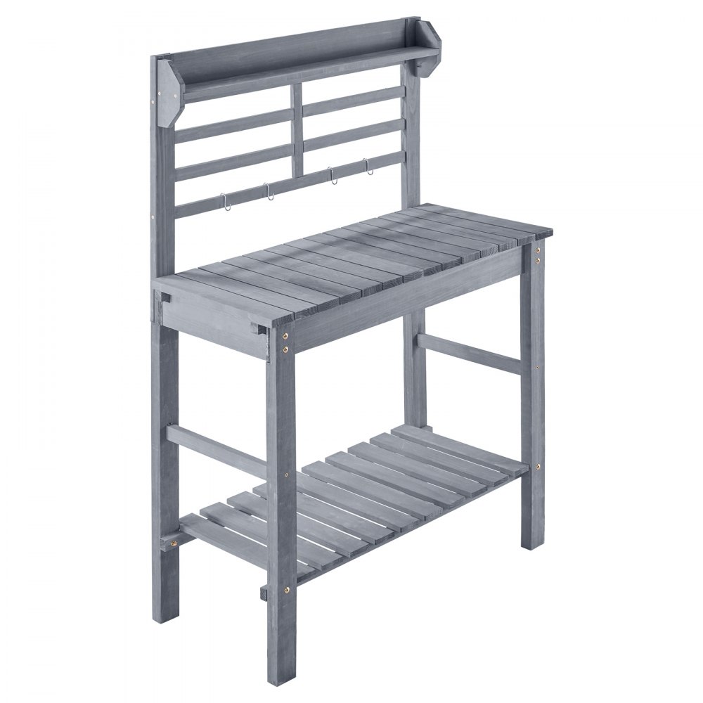 VEVOR Potting Bench Table, Outdoor Gardening Workstation with Sink, 94 x 46 x 140 cm Adjustable Wood Tabletop, Garden Work Station with Storage Shelves, Hooks for Patio, Backyard, Classic Grey