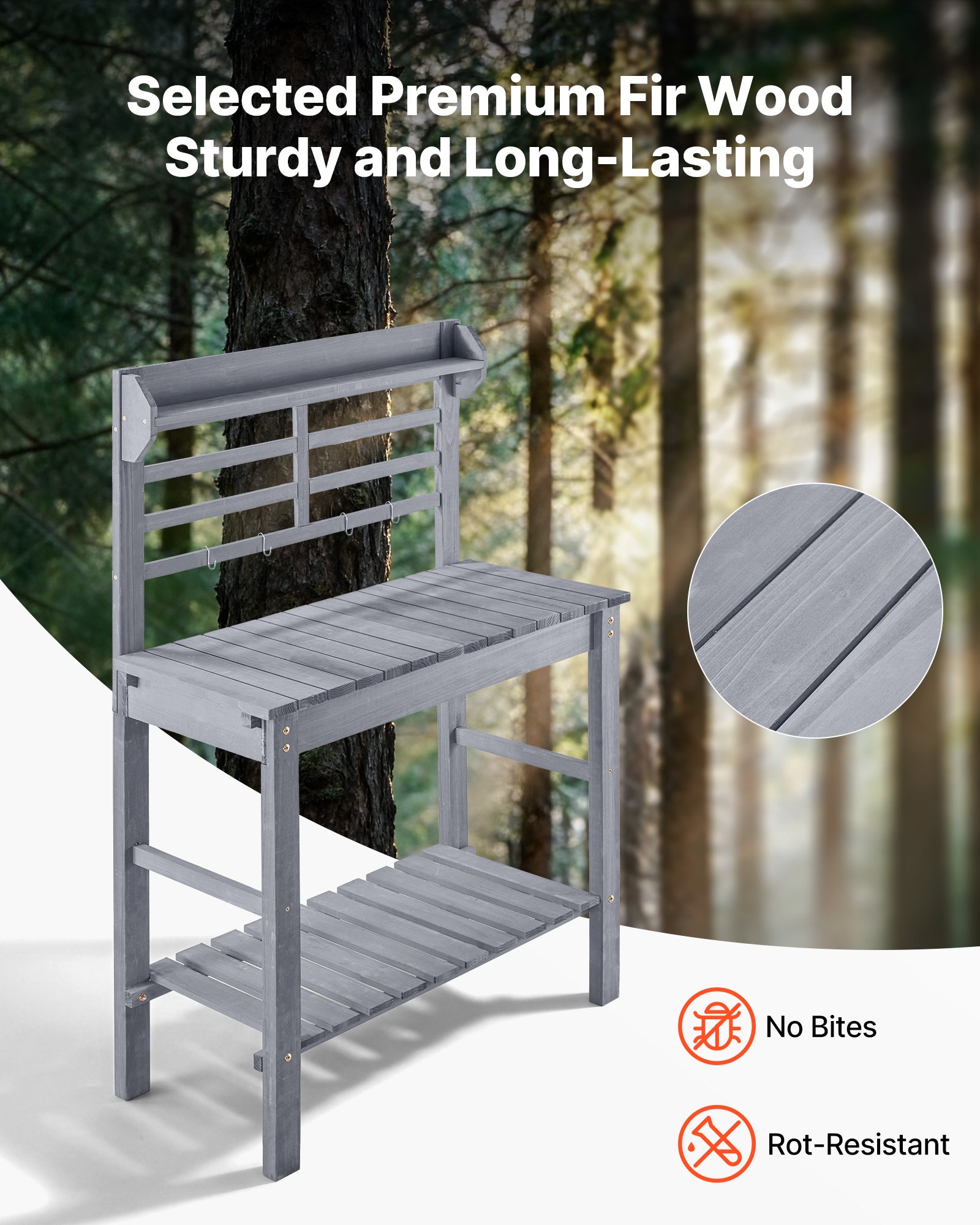 VEVOR Potting Bench Table, Outdoor Gardening Workstation with Sink, 94 x 46 x 140 cm Adjustable Wood Tabletop, Garden Work Station with Storage Shelves, Hooks for Patio, Backyard, Classic Grey