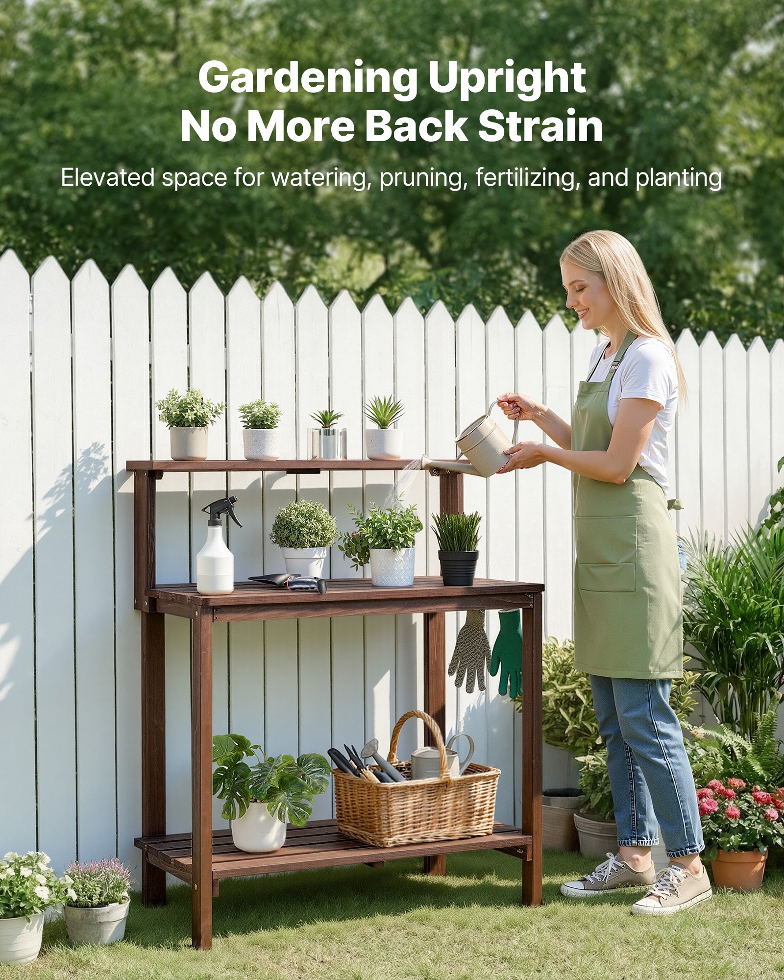 VEVOR Potting Bench Table, Outdoor Gardening Workstation with 36 x 20 in Wood Tabletop, Garden Planting Work Station with Storage Shelves, Hook for Outside Patio, Backyard, Brown