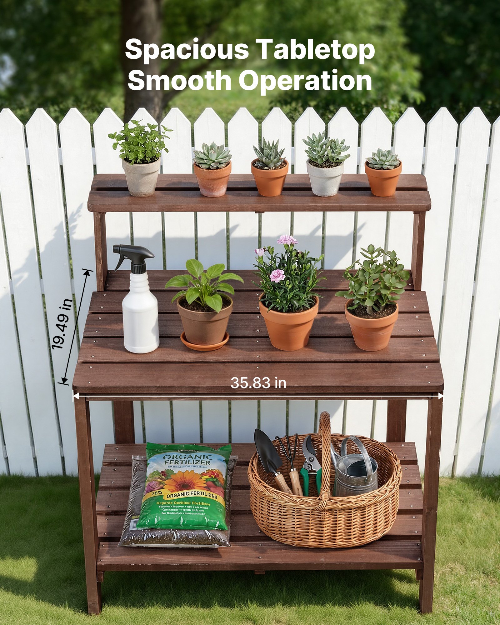 VEVOR Potting Bench Table, Outdoor Gardening Workstation with 36 x 20 in Wood Tabletop, Garden Planting Work Station with Storage Shelves, Hook for Outside Patio, Backyard, Brown
