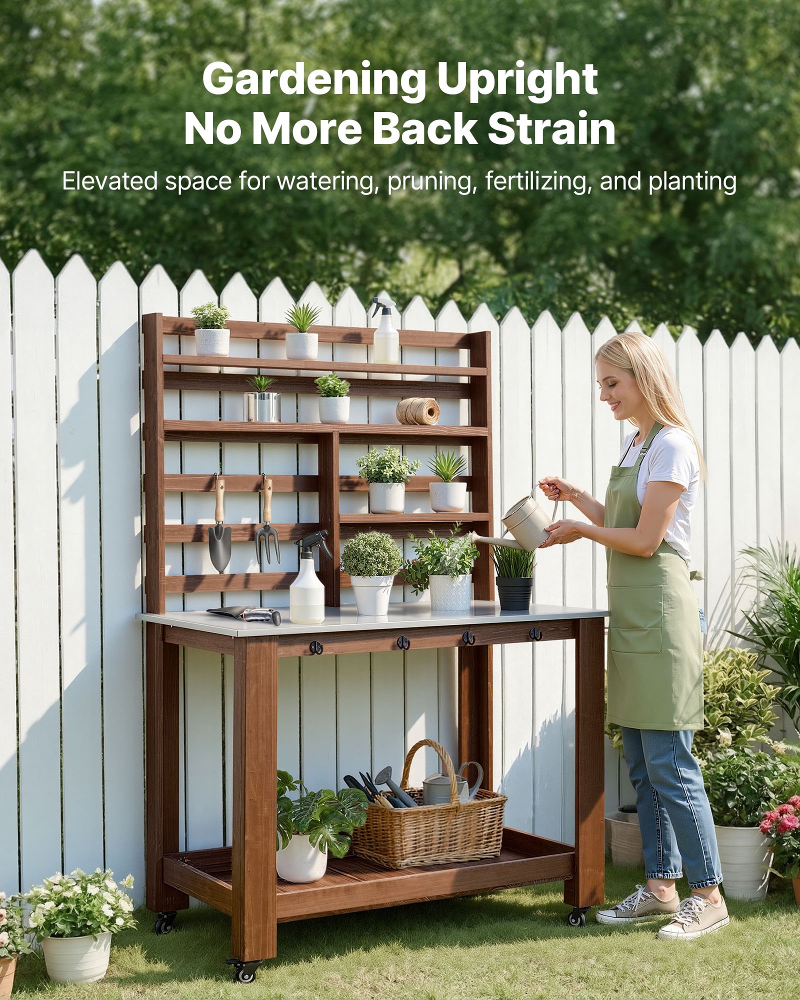 VEVOR Potting Bench Table, Outdoor Gardening Workstation with 115 x 66 x 169.5 cm Stainless Steel Tabletop, Storage Shelves, 4 Casters, Hooks, Garden Planting Work Station for Outside Patio, Backyard, Brown