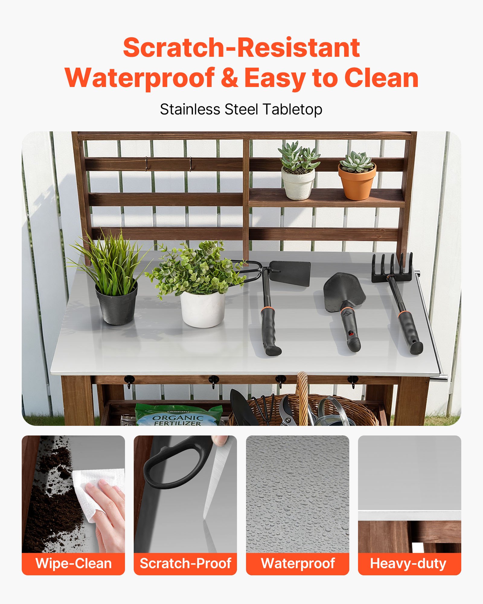 VEVOR Potting Bench Table, Outdoor Gardening Workstation with 115 x 66 x 169.5 cm Stainless Steel Tabletop, Storage Shelves, 4 Casters, Hooks, Garden Planting Work Station for Outside Patio, Backyard, Brown