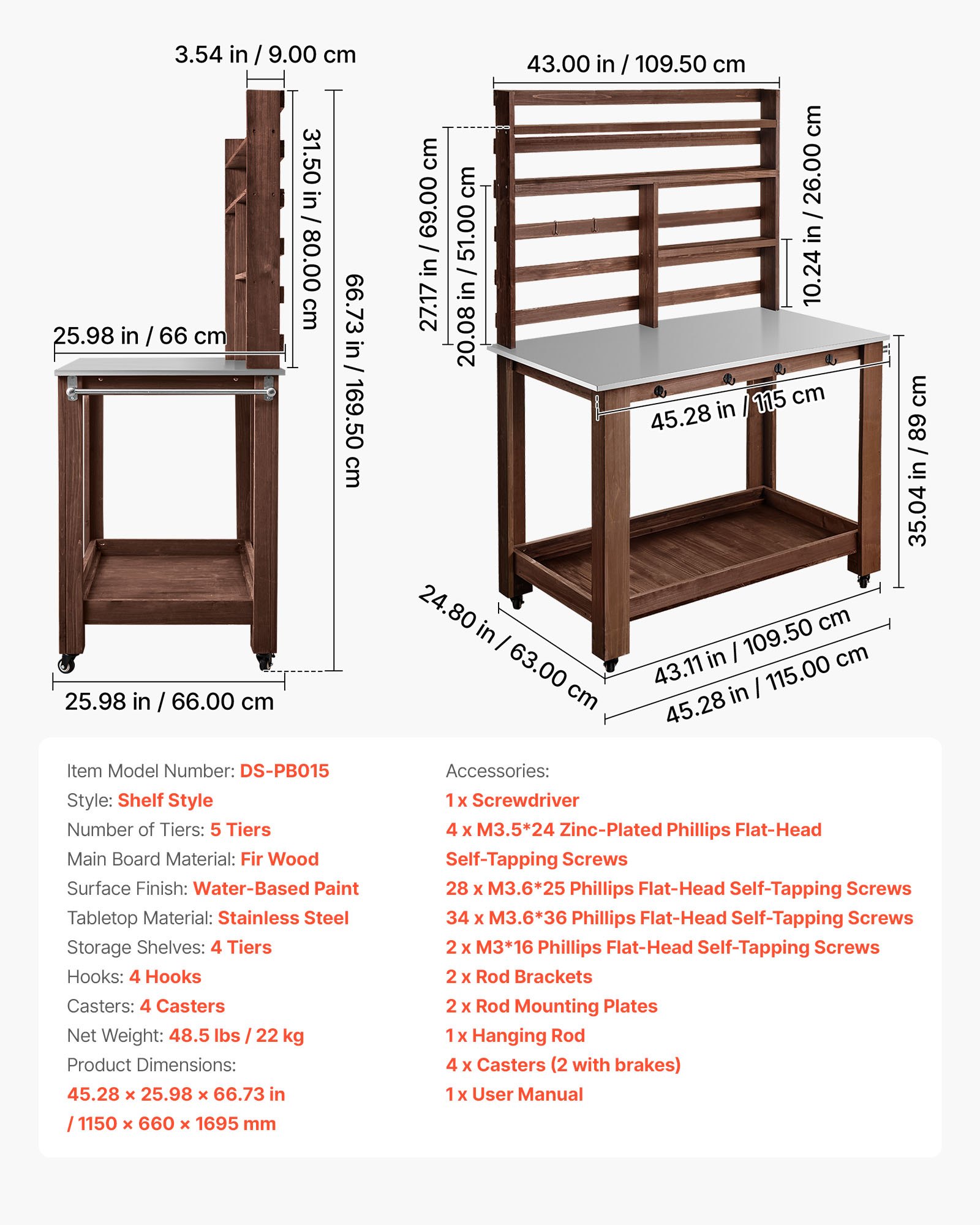 VEVOR Potting Bench Table, Outdoor Gardening Workstation with 115 x 66 x 169.5 cm Stainless Steel Tabletop, Storage Shelves, 4 Casters, Hooks, Garden Planting Work Station for Outside Patio, Backyard, Brown
