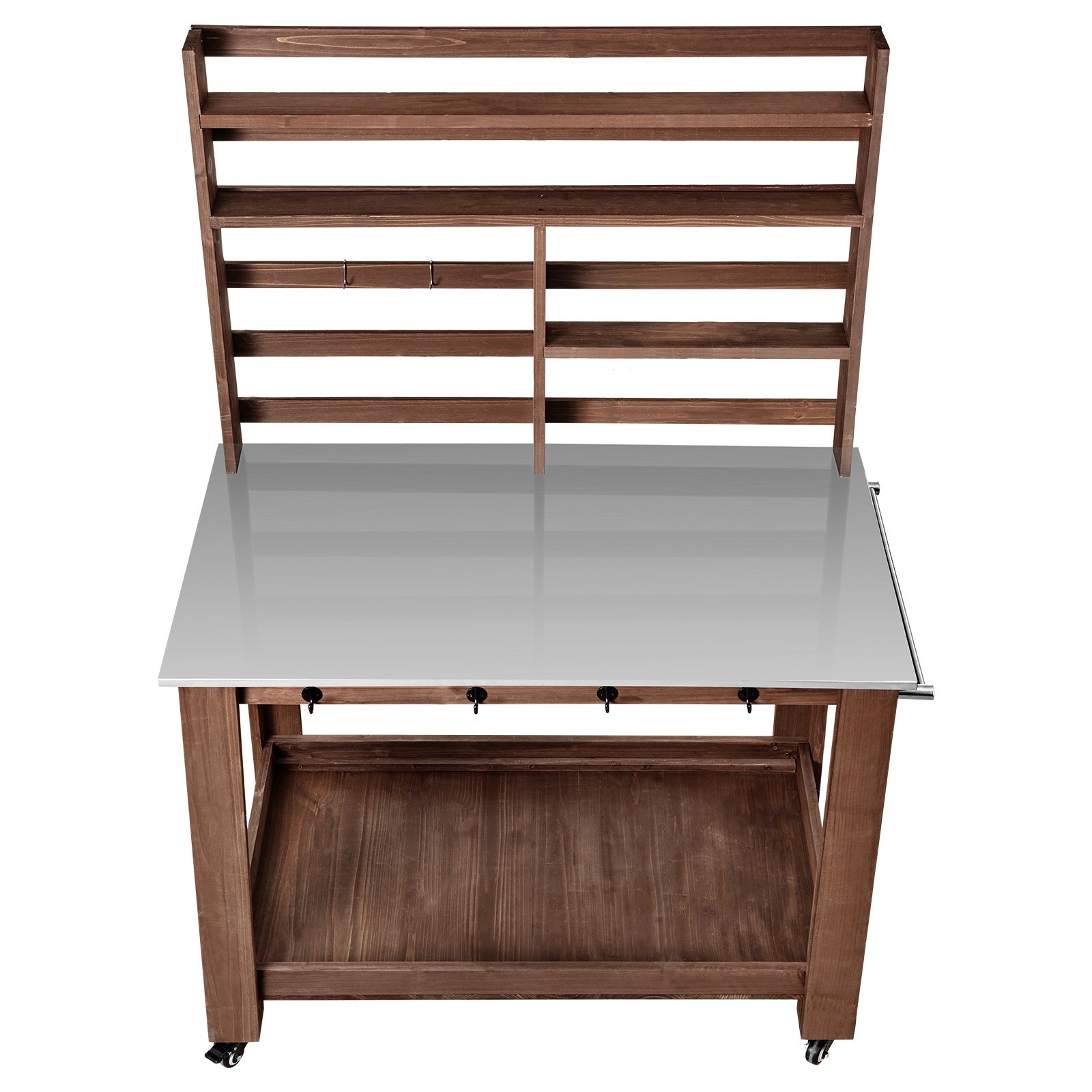 VEVOR Potting Bench Table, Outdoor Gardening Workstation with 115 x 66 x 169.5 cm Stainless Steel Tabletop, Storage Shelves, 4 Casters, Hooks, Garden Planting Work Station for Outside Patio, Backyard, Brown
