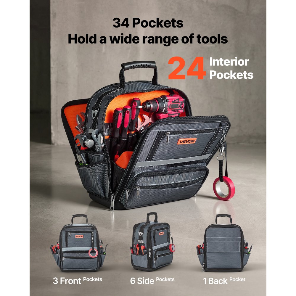 VEVOR Tool Bag, 335 MM, 34-Pocket Portable Large Tool Box Organizer Storage, Carry Toolbox with Hard Plastic Base, Large Zipper, Adjustable Shoulder Strap, for Men Women Dad Husband Fathers Day