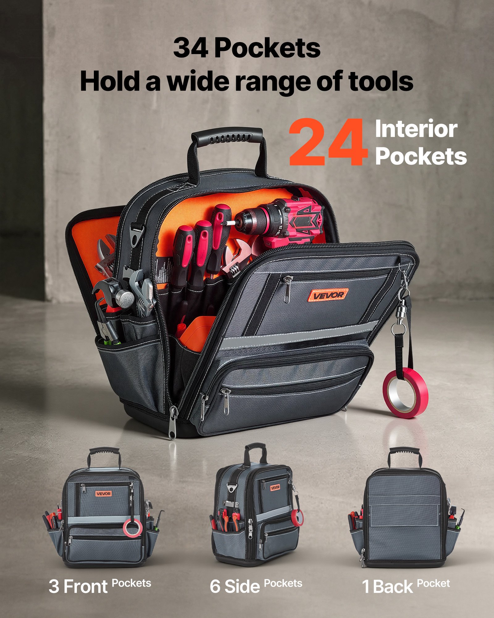 VEVOR Tool Bag, 335 MM, 34-Pocket Portable Large Tool Box Organizer Storage, Carry Toolbox with Hard Plastic Base, Large Zipper, Adjustable Shoulder Strap, for Men Women Dad Husband Fathers Day