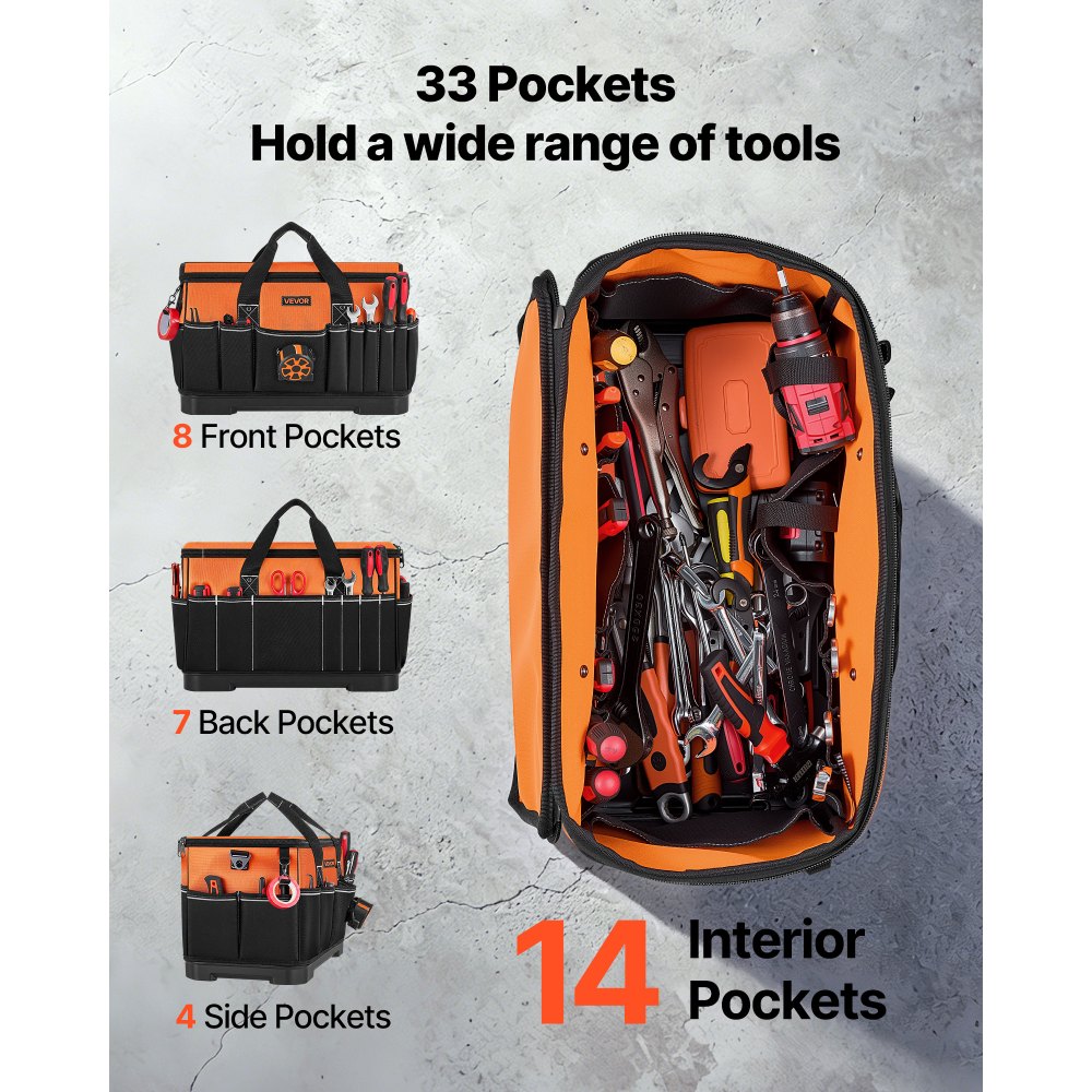 VEVOR Tool Bag, 485 MM, 33-Pocket Portable Large Tool Box Organizer Storage, Toolbox with Water-Resistant Base, Large Zipper, Adjustable Shoulder Strap Toolbag, for Men Women Dad Husband Fathers Day