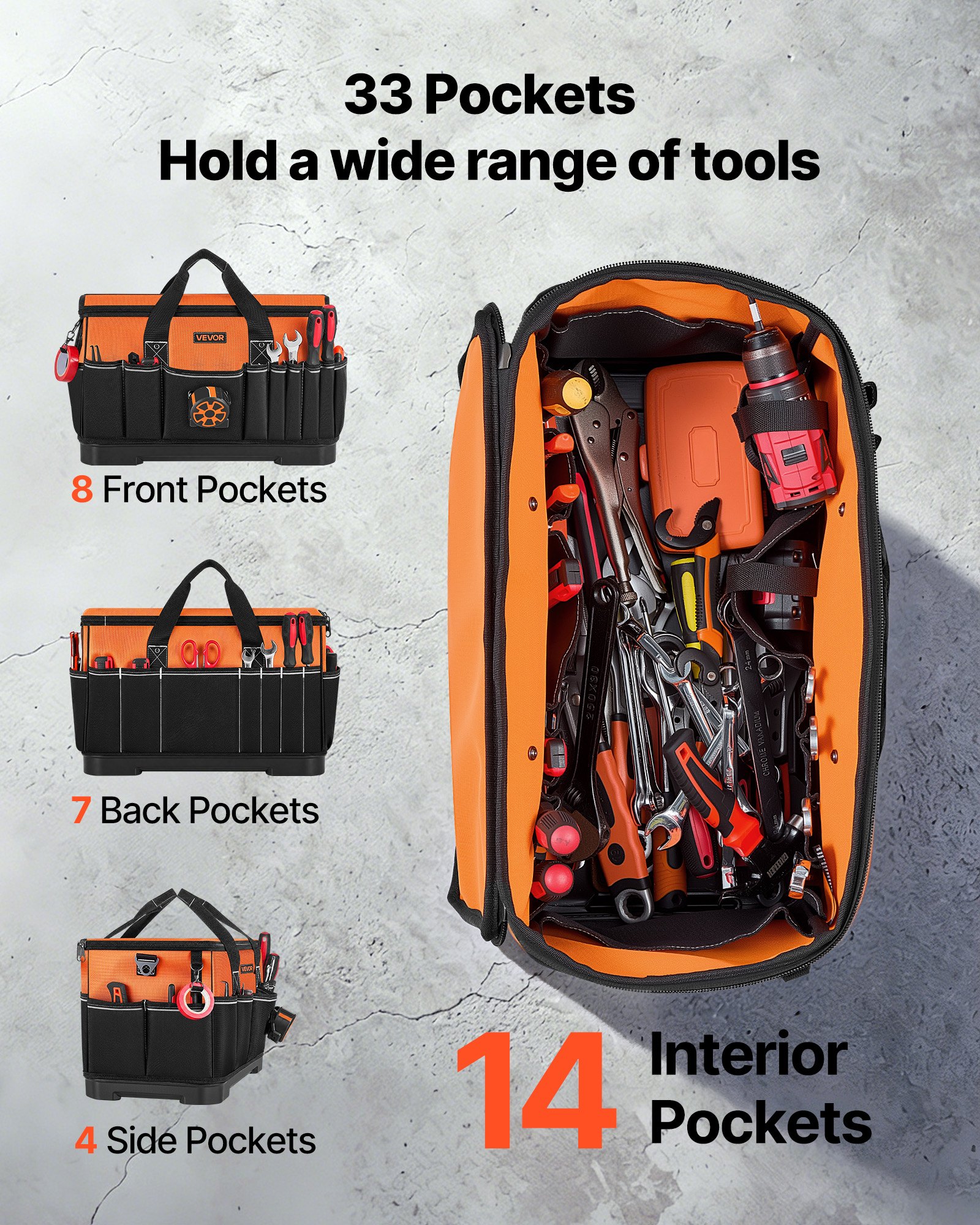 VEVOR Tool Bag, 485 MM, 33-Pocket Portable Large Tool Box Organizer Storage, Toolbox with Water-Resistant Base, Large Zipper, Adjustable Shoulder Strap Toolbag, for Men Women Dad Husband Fathers Day