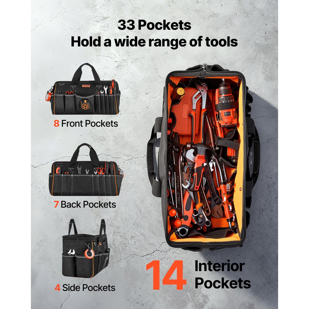 VEVOR Tool Bag, 510 MM, 33-Pocket Portable Large Tool Box Organizer Storage, Toolbox with Big Zipper, Adjustable Shoulder Strap, Water-Resistant Carry Toolbag, for Men Women Dad Husband Fathers Day
