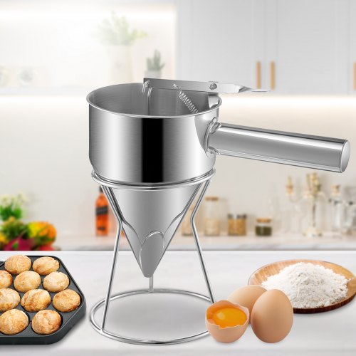 VEVOR Batter Funnel Dispenser Stainless Steel Waffle Batter Dispenser Steel Pancake Dispenser for Batter with Handle & Rack Pancake Batter Dispenser Great for Cupcakes, Takoyaki or Any Baked Goods