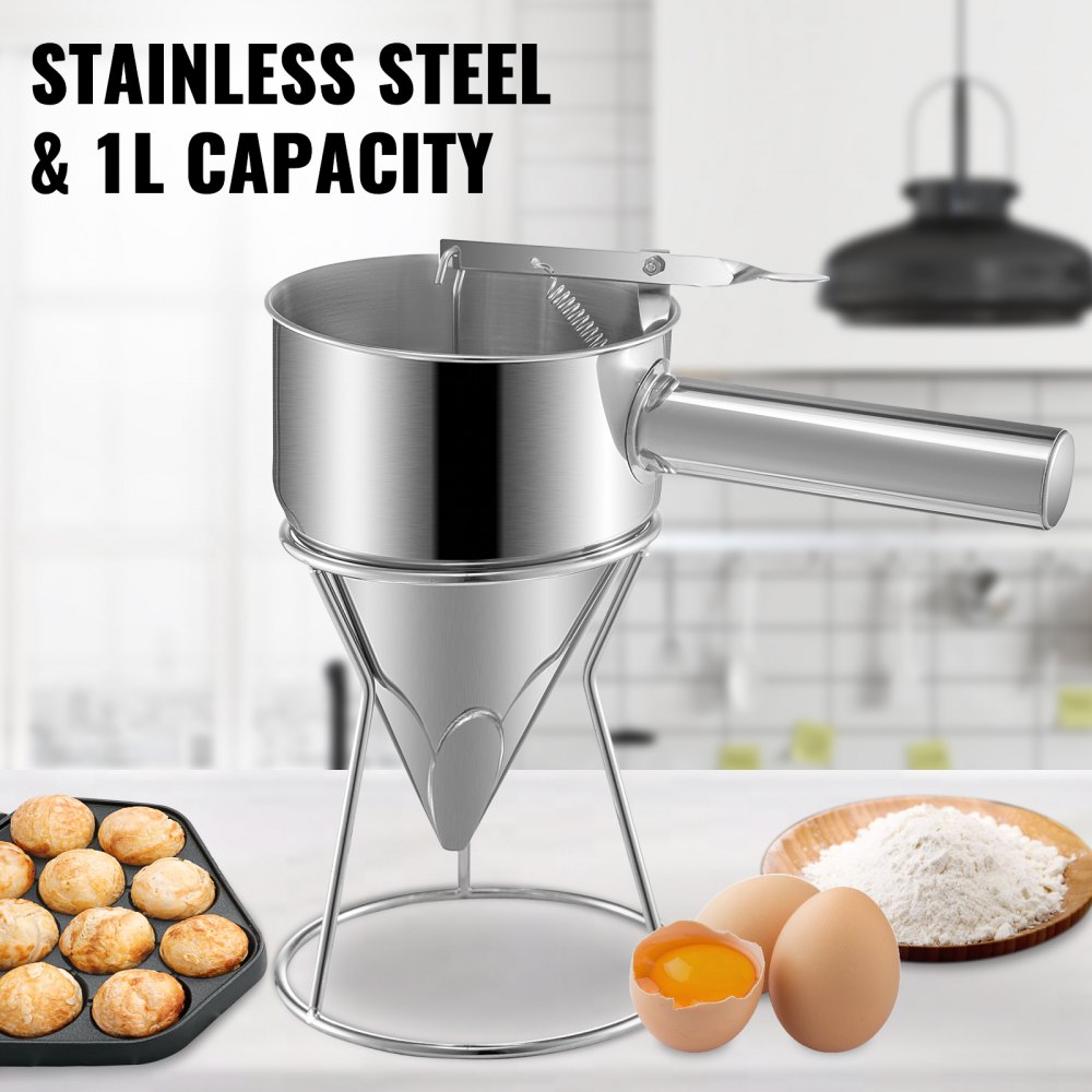 Dispensador de embudo de masa VEVOR Dispensador de masa de gofres de acero inoxidable Dispensador de panqueques de acero para masa con asa y estante Dispensador de masa de panqueques Ideal para cupcakes, Takoyaki o cualquier producto horneado