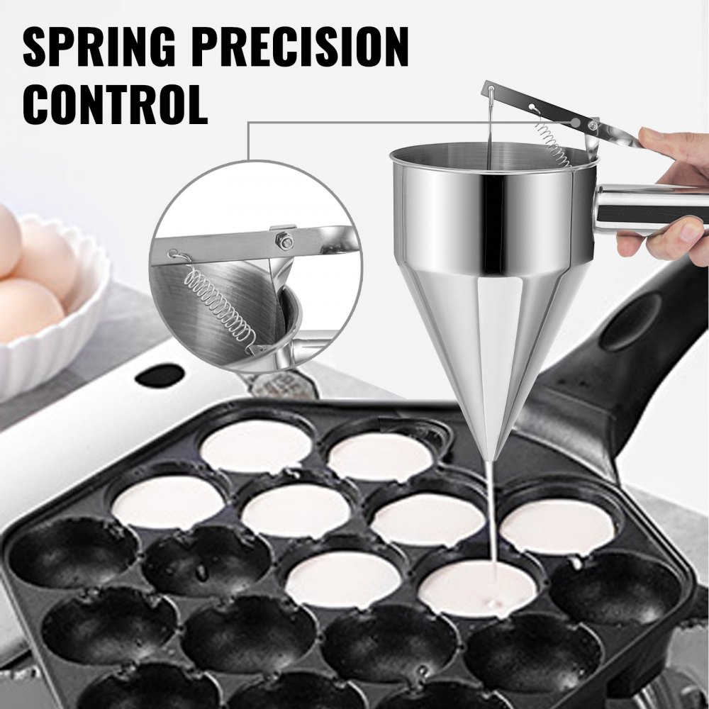 Dispensador de embudo de masa VEVOR Dispensador de masa de gofres de acero inoxidable Dispensador de panqueques de acero para masa con asa y estante Dispensador de masa de panqueques Ideal para cupcakes, Takoyaki o cualquier producto horneado