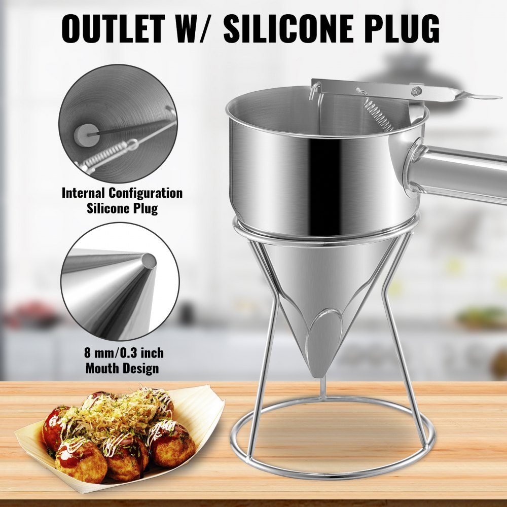 Dispensador de embudo de masa VEVOR Dispensador de masa de gofres de acero inoxidable Dispensador de panqueques de acero para masa con asa y estante Dispensador de masa de panqueques Ideal para cupcakes, Takoyaki o cualquier producto horneado