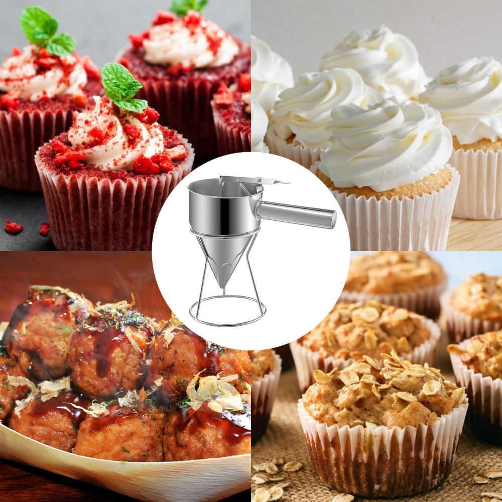 Dispensador de embudo de masa VEVOR Dispensador de masa de gofres de acero inoxidable Dispensador de panqueques de acero para masa con asa y estante Dispensador de masa de panqueques Ideal para cupcakes, Takoyaki o cualquier producto horneado