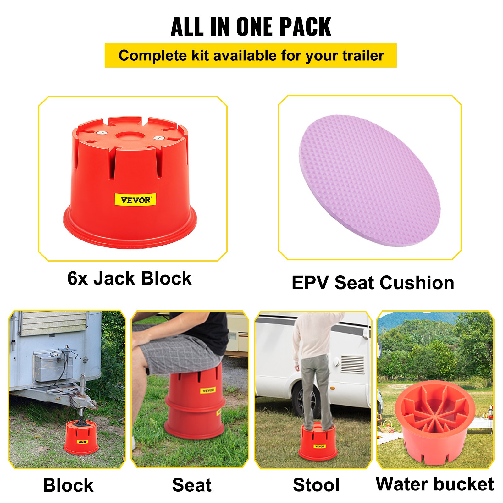 VEVOR Trailer Jack Block with Magnets, 6500 Capacity, 6-Pack HDPE RV and Camper Blocks, Stabilize Your RV, Trailer, Camper, Includes 6 Leveling Blocks, 6 Seat Cushions, and1 Clean Step