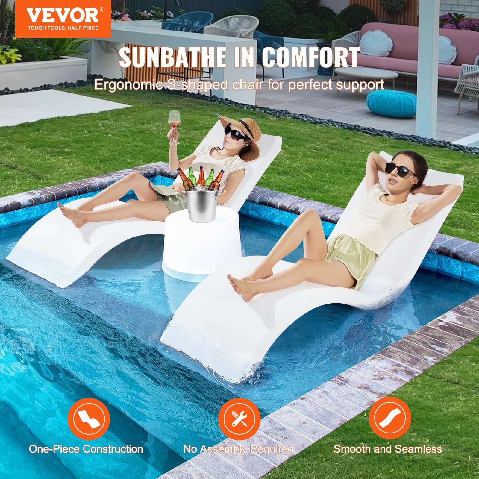 Cadeiras de estar VEVOR para piscina, conjunto de 2 espreguiçadeiras, espreguiçadeiras para piscina interna e espreguiçadeiras para profundidades de água de até 9", fixas em piscinas e flutuantes na água, todos os tipos de piscina, bronzeamento à beira da piscina e no deck