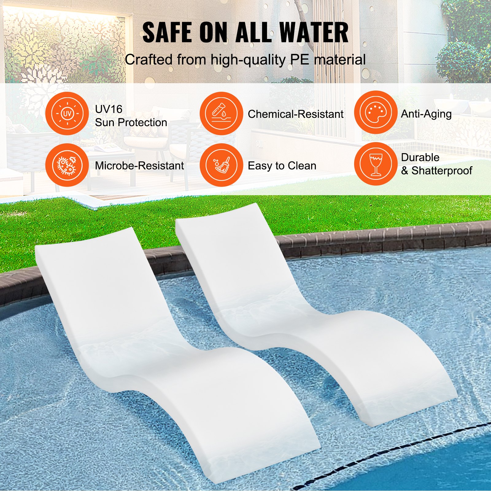 Cadeiras de estar VEVOR para piscina, conjunto de 2 espreguiçadeiras, espreguiçadeiras para piscina interna e espreguiçadeiras para profundidades de água de até 9", fixas em piscinas e flutuantes na água, todos os tipos de piscina, bronzeamento à beira da piscina e no deck