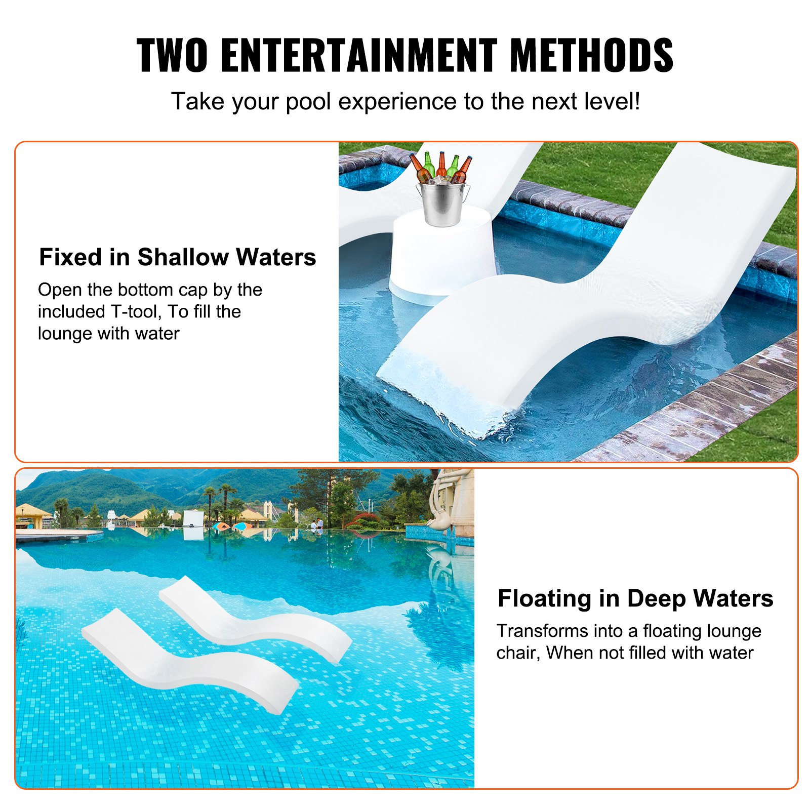 Cadeiras de estar VEVOR para piscina, conjunto de 2 espreguiçadeiras, espreguiçadeiras para piscina interna e espreguiçadeiras para profundidades de água de até 9", fixas em piscinas e flutuantes na água, todos os tipos de piscina, bronzeamento à beira da piscina e no deck
