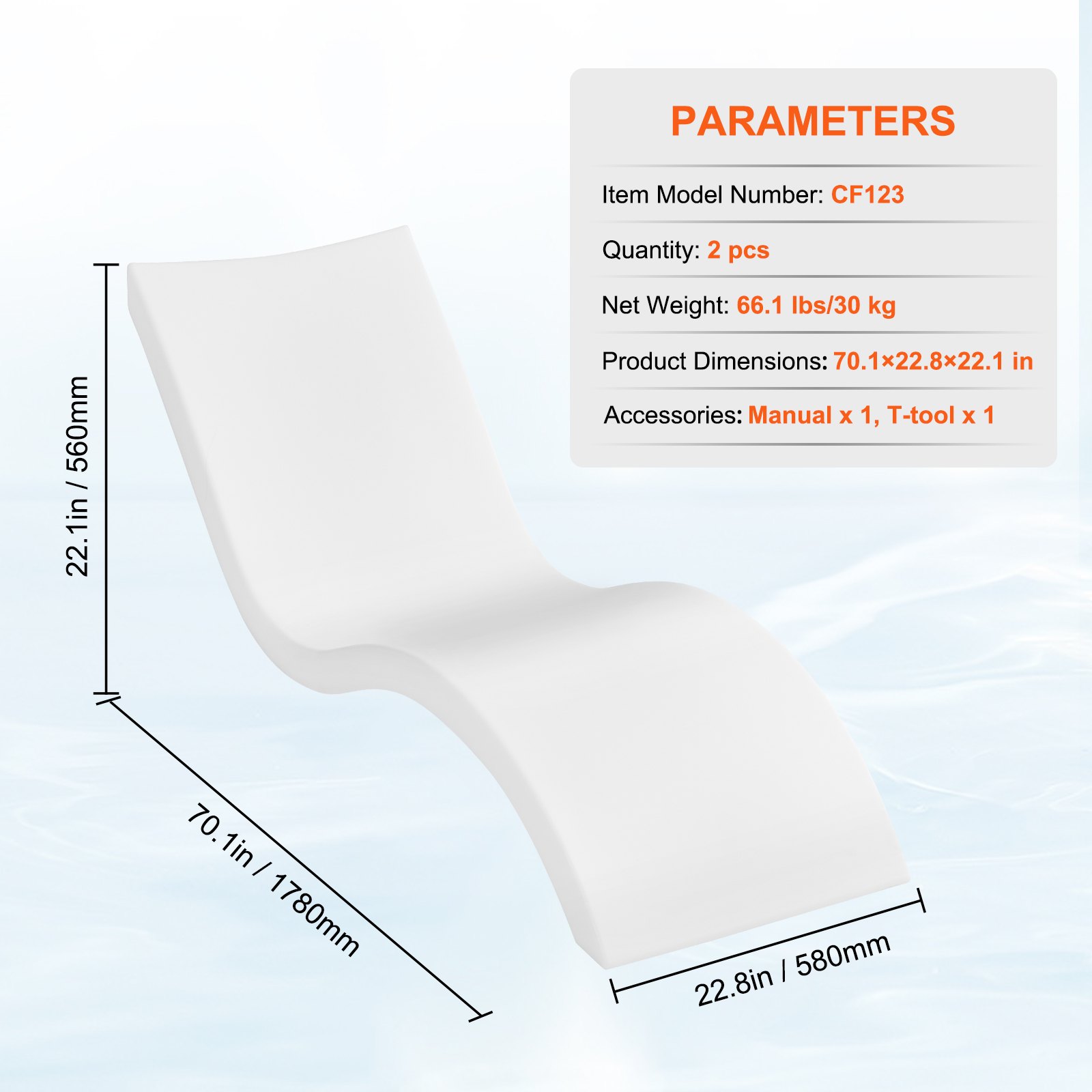 Cadeiras de estar VEVOR para piscina, conjunto de 2 espreguiçadeiras, espreguiçadeiras para piscina interna e espreguiçadeiras para profundidades de água de até 9", fixas em piscinas e flutuantes na água, todos os tipos de piscina, bronzeamento à beira da piscina e no deck