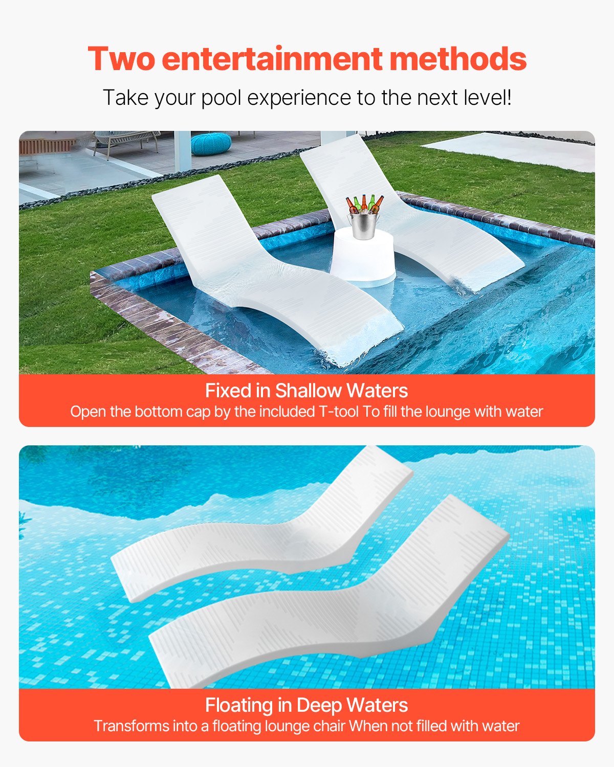 VEVOR In-Pool Lounge Chairs, Set of 2 Chaise Lounger, Inside Pool Lounge Chairs for up to 5" Water Depths, Fixed in Pools & Floating on Water, Suitable for All Pool Types, Poolside & Sun Deck Tanning