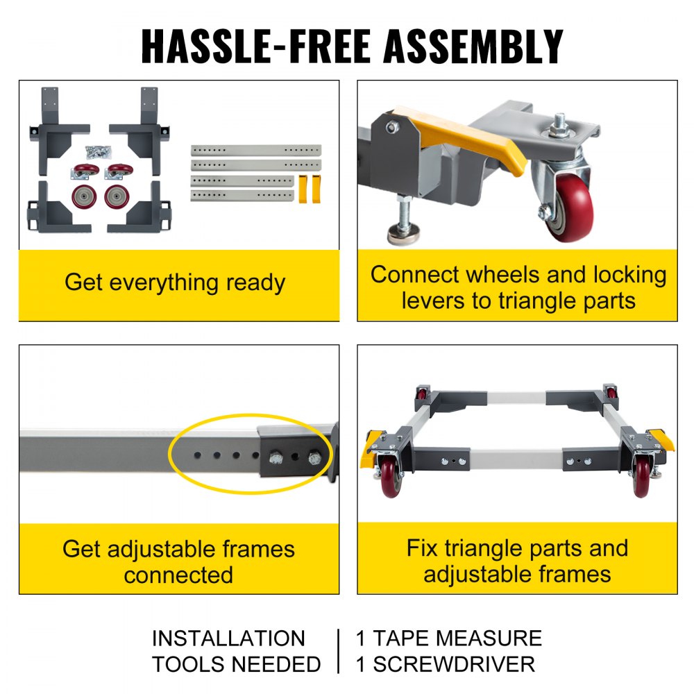 VEVOR Adjustable Universal Mobile Base 1500 LBS Load-Bearing Capacity Heavy-Duty Mobile Base Rolling Mobile Base with Locking Levers, Used for Mobilizing Woodworking Equipment, Fridge, Washing Machine