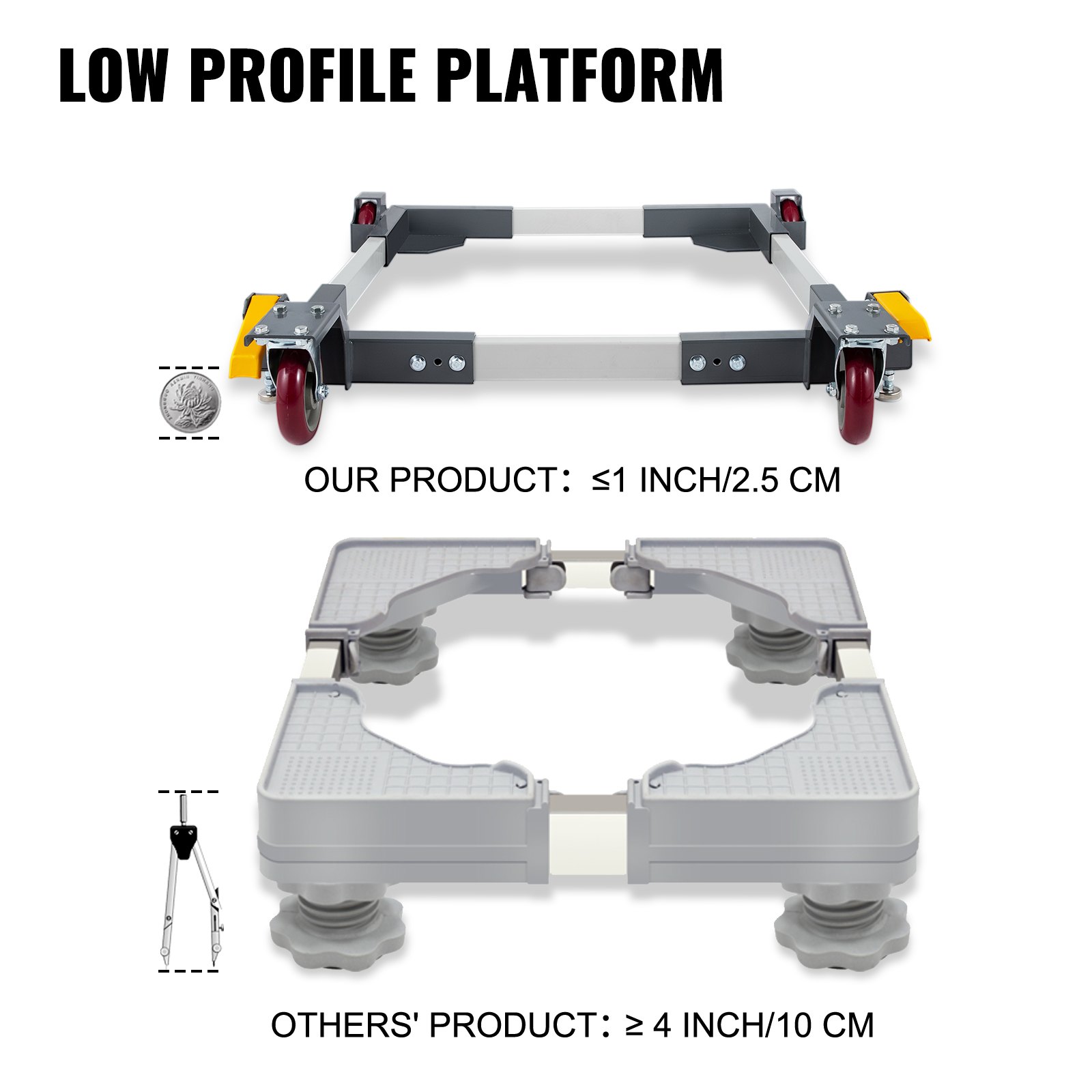 VEVOR Adjustable Universal Mobile Base 1500 LBS Load-Bearing Capacity Heavy-Duty Mobile Base Rolling Mobile Base with Locking Levers, Used for Mobilizing Woodworking Equipment, Fridge, Washing Machine