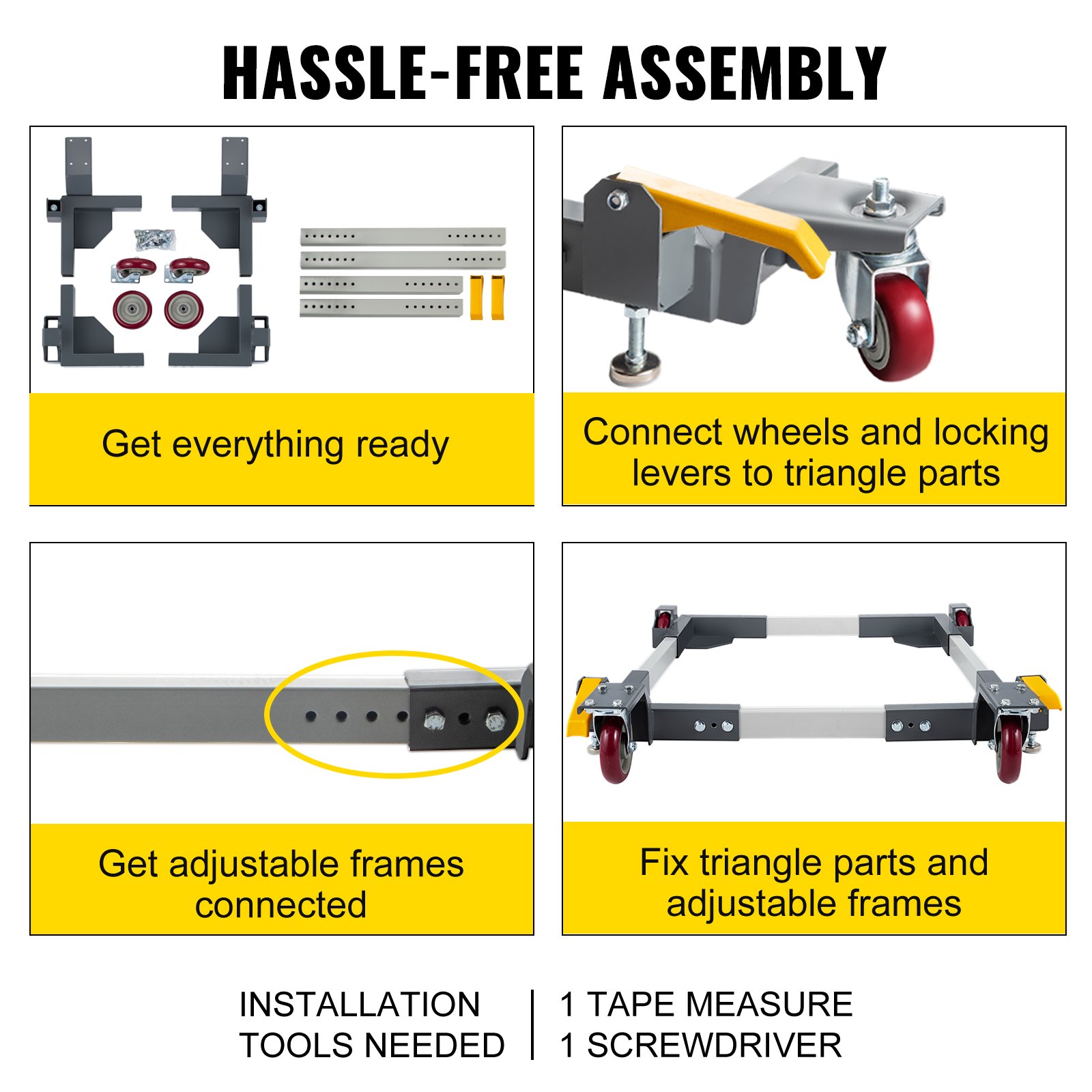 VEVOR Adjustable Universal Mobile Base 1500 LBS Load-Bearing Capacity Heavy-Duty Mobile Base Rolling Mobile Base with Locking Levers, Used for Mobilizing Woodworking Equipment, Fridge, Washing Machine