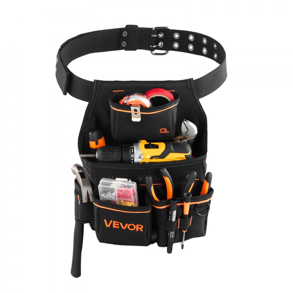 VEVOR Tool Pouch with Belt, 14 Pockets Professional Tool Belt Pouch for Men, Heavy Duty Detachable Adjustable Utility Work Bag for Electrician, Carpenter, Construction, Adjusts Waist 83 cm to 127 cm