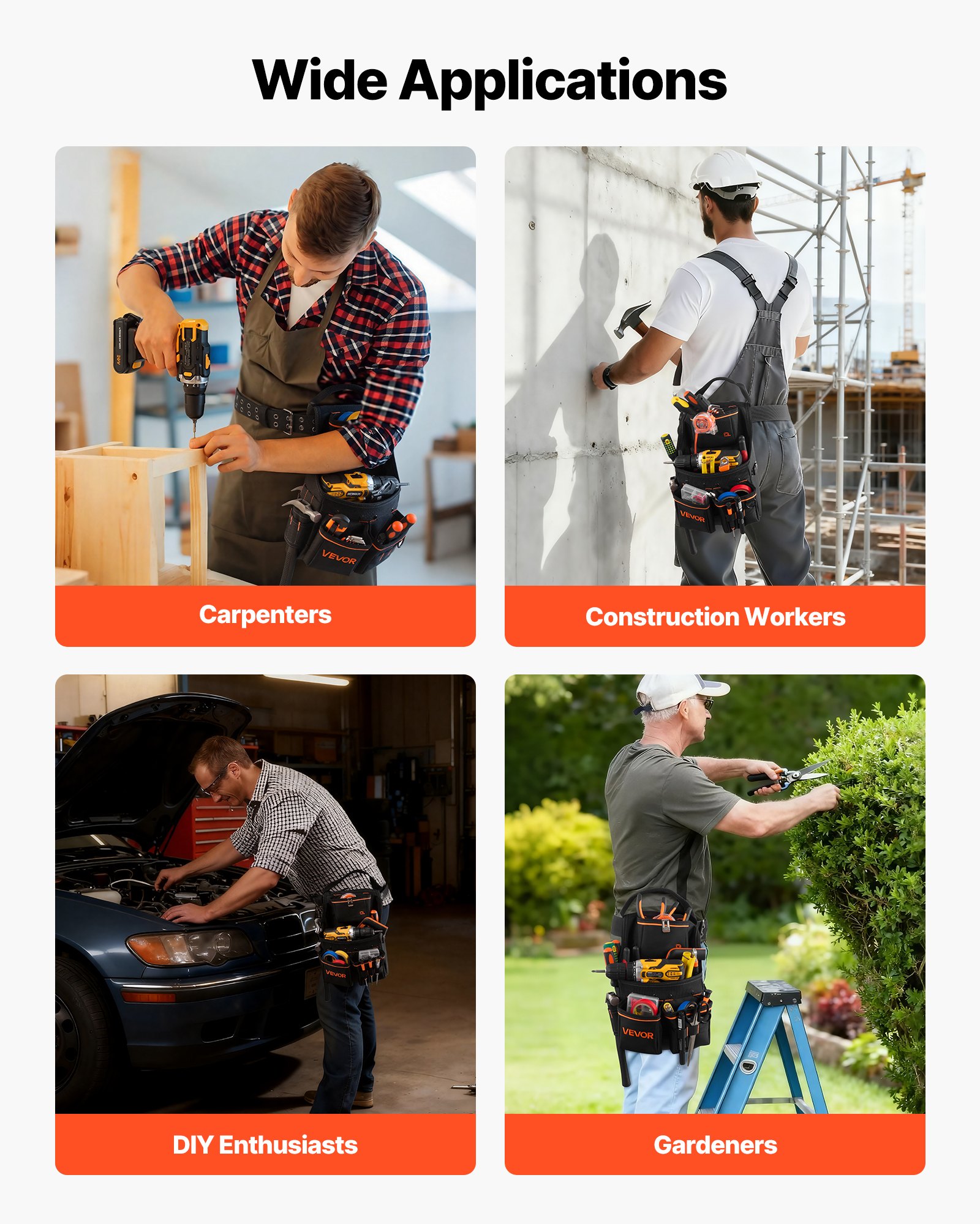 VEVOR Tool Pouch with Belt, 14 Pockets Professional Tool Belt Pouch for Men, Heavy Duty Detachable Adjustable Utility Work Bag for Electrician, Carpenter, Construction, Adjusts Waist 83 cm to 127 cm