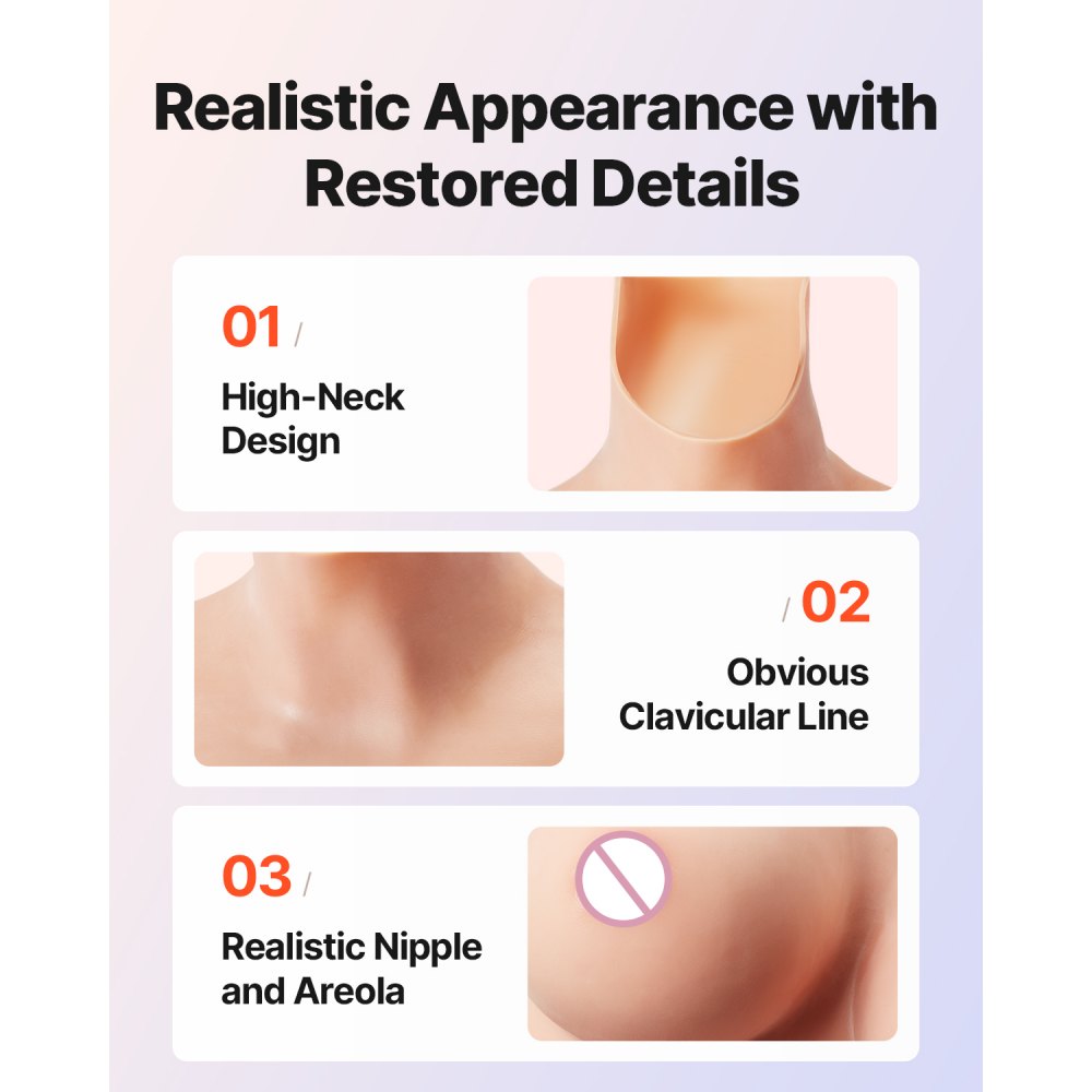 VEVOR Silicone Bodysuit, D-Cup Silicone Breastplate for Crossdressers, Realistic Silk Cotton-Filled Fake Boobs Breast Forms for Transgender Cosplay Drag Queen, Nude