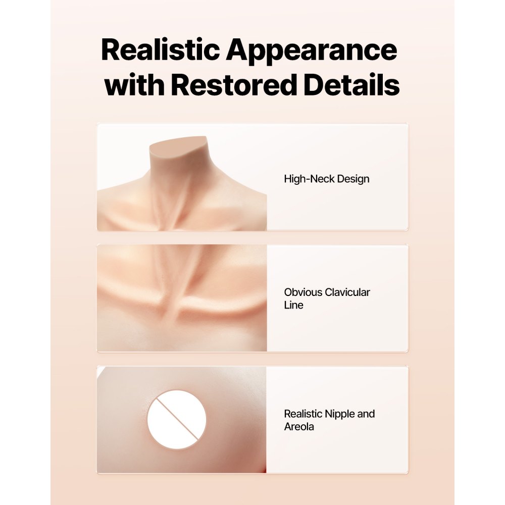 VEVOR Silicone Breastplate, H-Cup High Neckline Fake Breasts for Crossdressers, Realistic Silicone-Filled Fake Boobs Breast Forms for Transgender Cosplay Drag Queen, Ivory