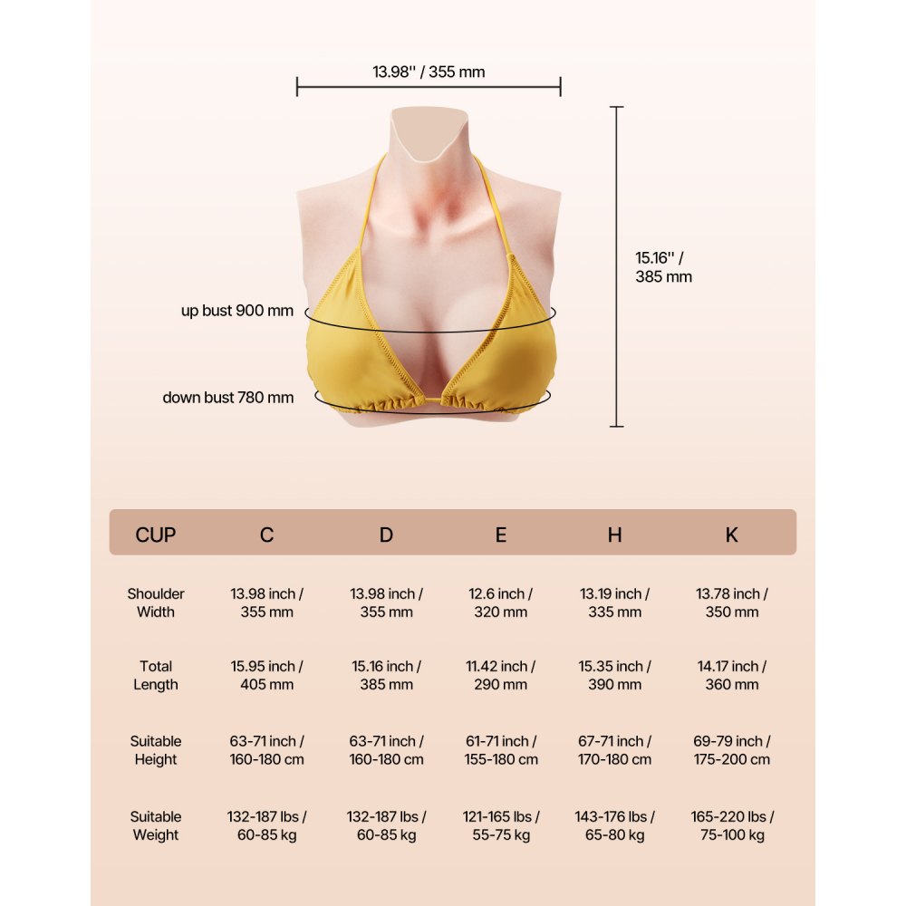 VEVOR Silicone Breastplate, D-Cup High Neckline Fake Breasts for Crossdressers, Realistic Silicone-Filled Fake Boobs Breast Forms for Transgender Cosplay Drag Queen, Ivory