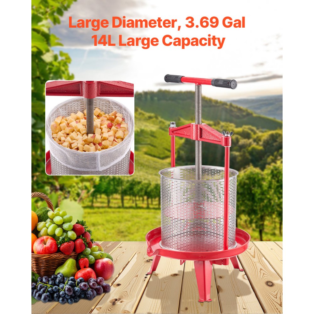 VEVOR 3.69 Gal/14L Fruit Wine Press, Stainless Steel Basket with Cross-beam and Triangular Structure, Manual Juice Maker, Cider Apple Grape Tincture Making Press with T-Handle for Kitchen Home