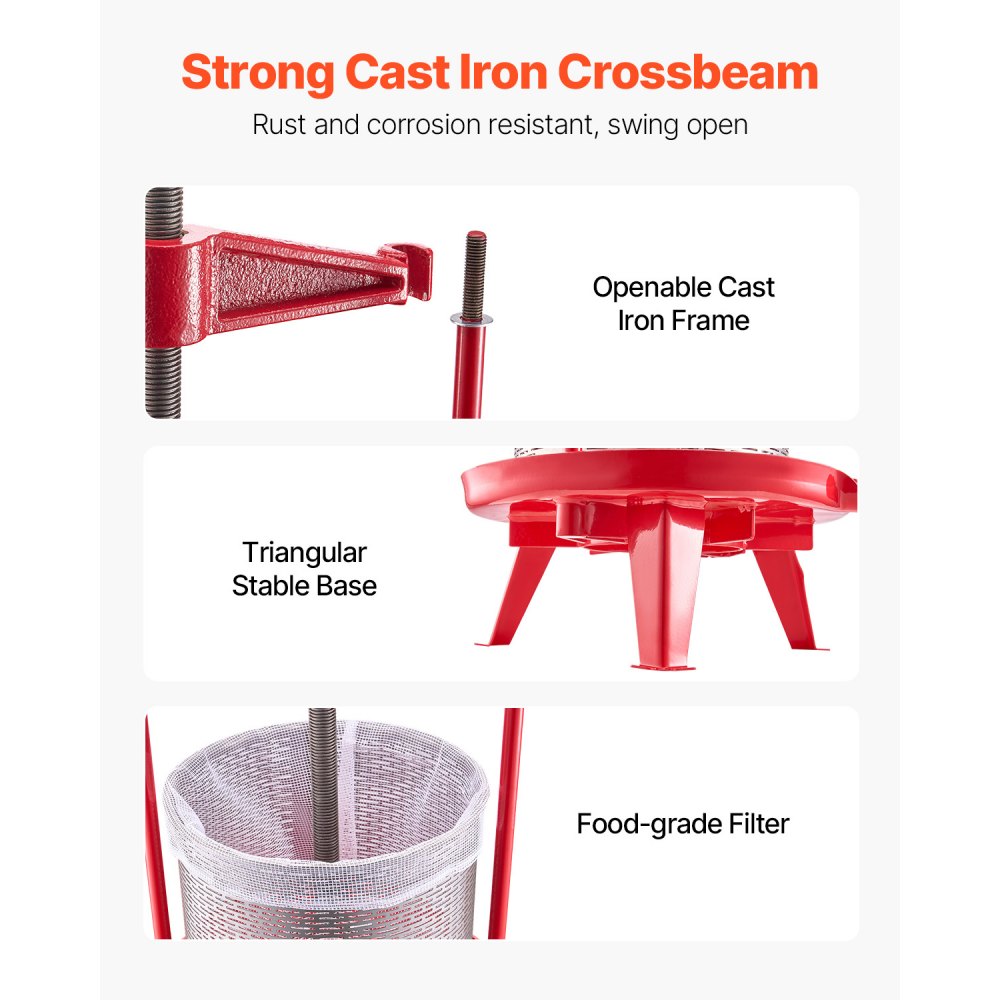 VEVOR 3.69 Gal/14L Fruit Wine Press, Stainless Steel Basket with Cross-beam and Triangular Structure, Manual Juice Maker, Cider Apple Grape Tincture Making Press with T-Handle for Kitchen Home