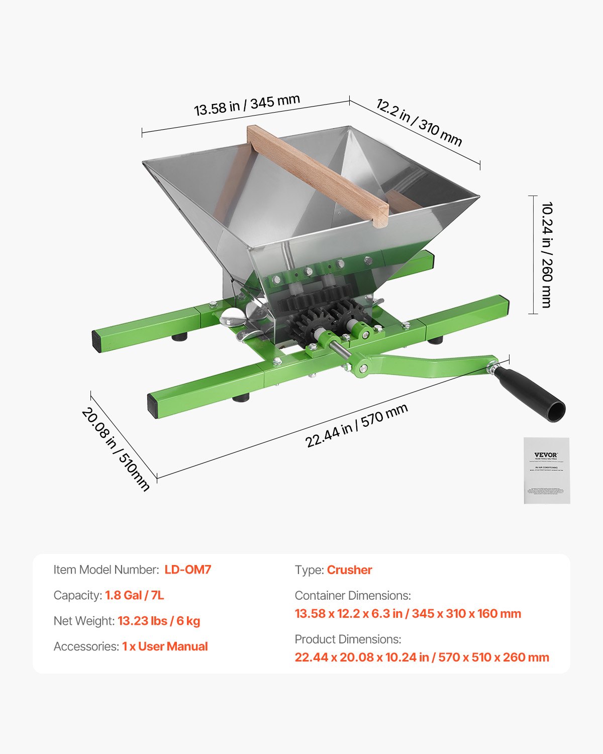 VEVOR 1.8 Gal/7L Fruit and Apple Crusher, Large Manual Grinder, Stainless Steel Fruit Scratter Pulper for Wine Cider Apple Grape Pressing, with Roller Handle for Kitchen Home, Green